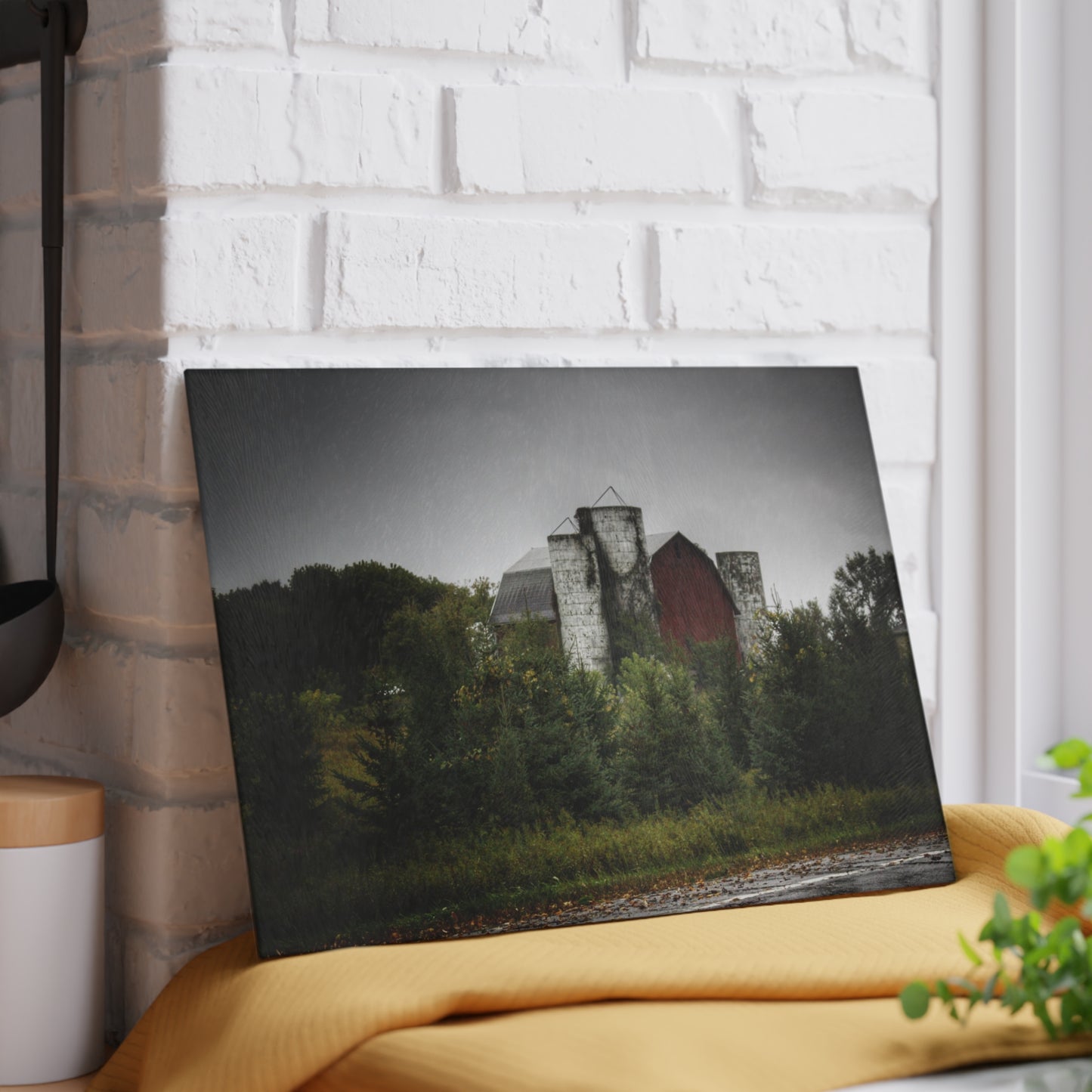 U R There Photography Castle Road Red and Silos in the Rain Rustic Farmhouse Tempered-Glass Cutting Board
