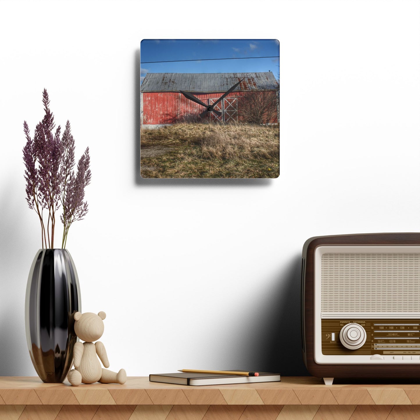 U R There Photography Lapeer Road Crooked Red Rustic Farmhouse Acrylic Analog Wall Clock