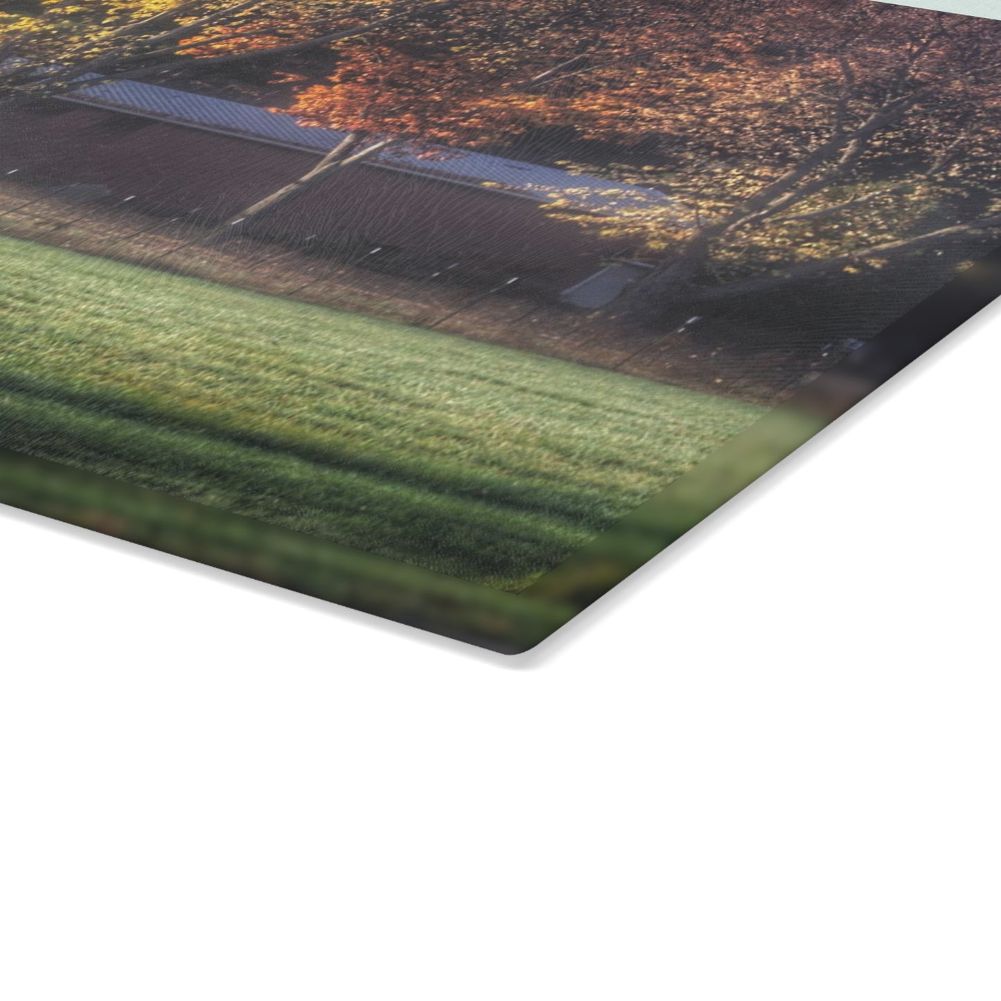 U R There Photography Red Barn on Foggy Fall Morning Rustic Farmhouse Tempered-Glass Cutting Board