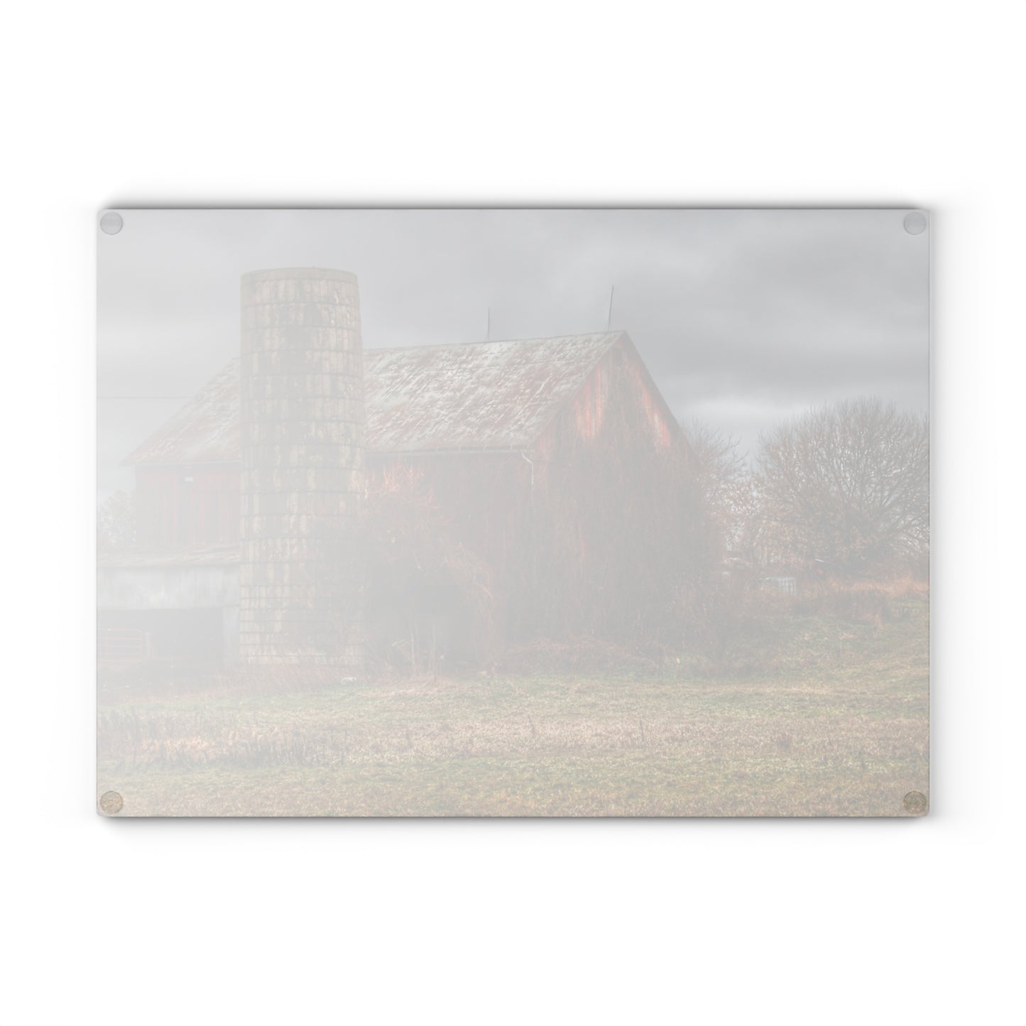 U R There Photography Slattery Road Old Red and Silo I Rustic Farmhouse Tempered-Glass Cutting Board