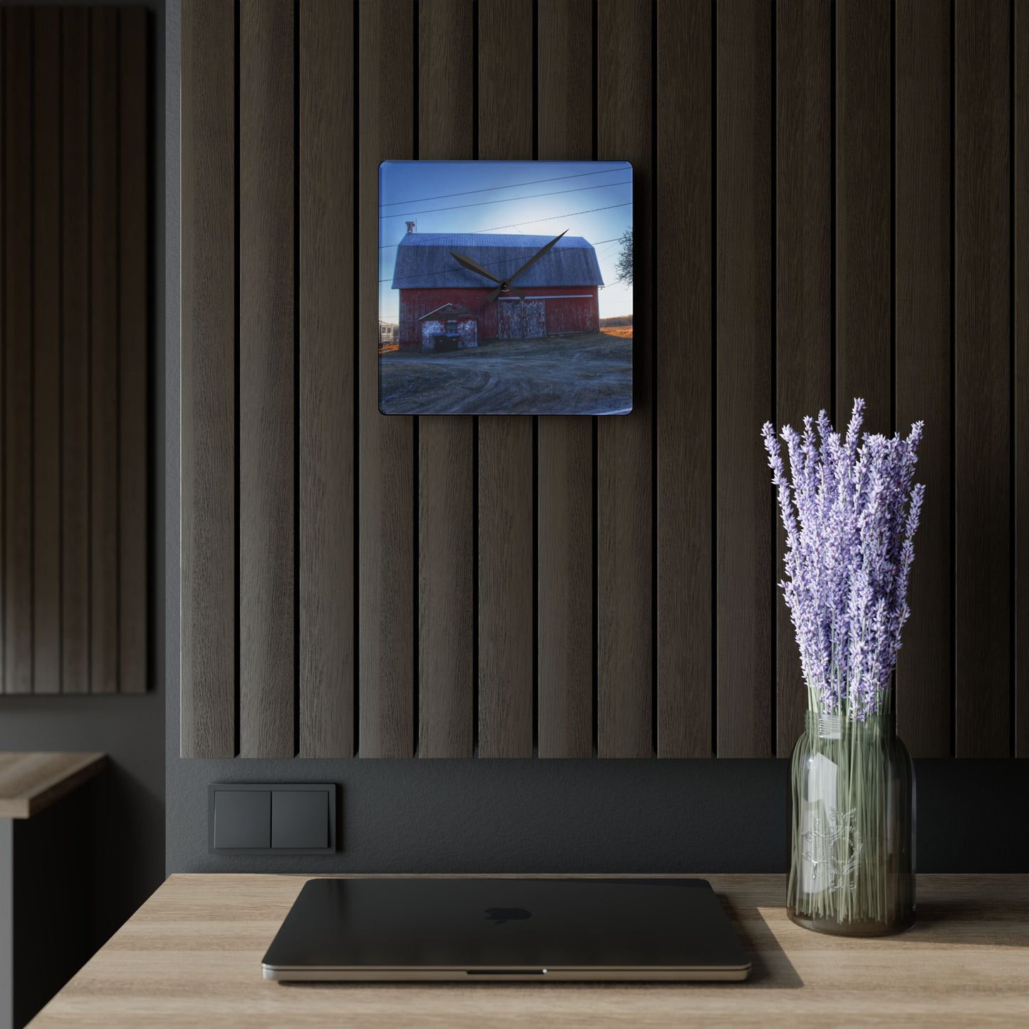 U R There Photography Rochester Red on a Spring Morning Rustic Farmhouse Acrylic Analog Wall Clock