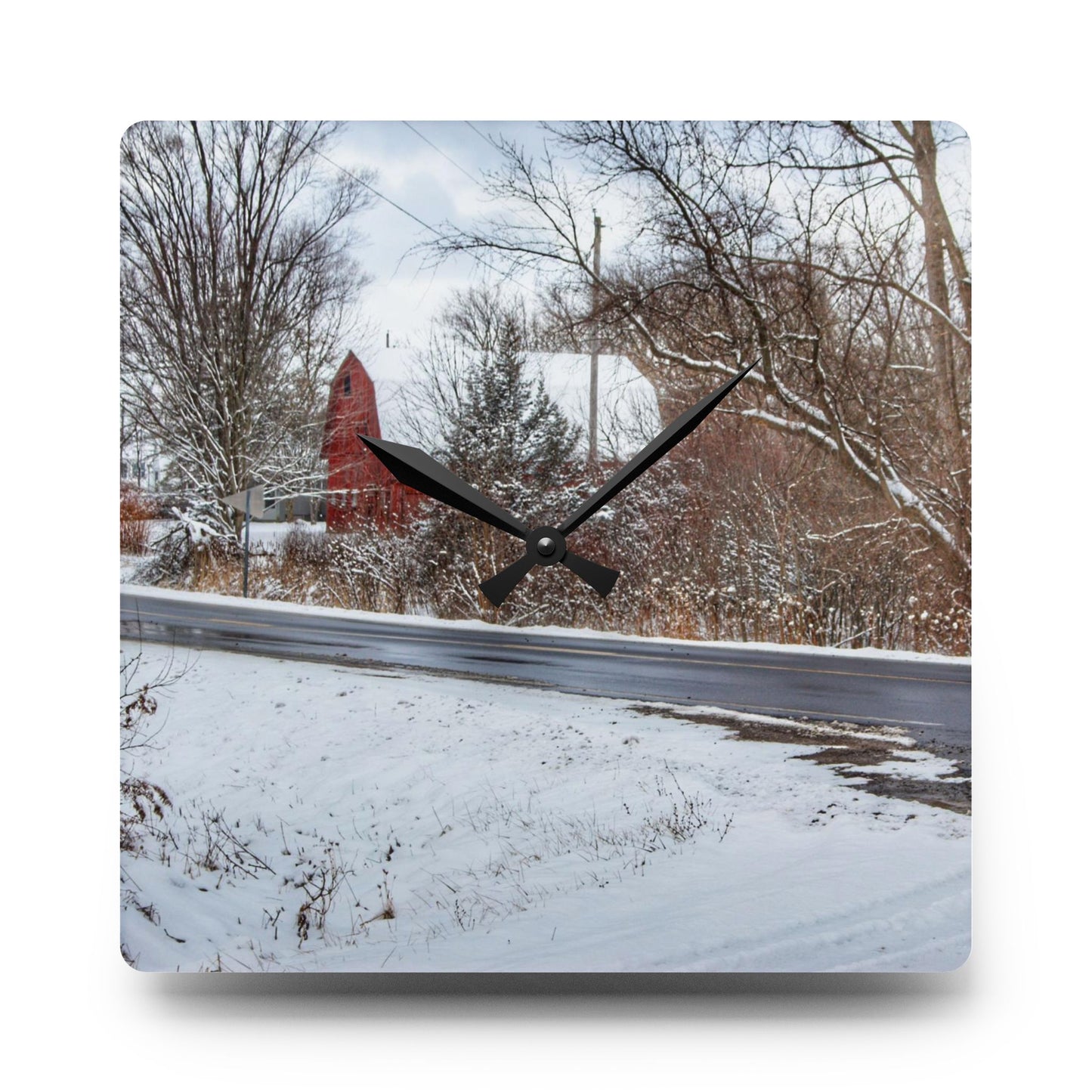 U R There Photography Dodge Road Winter Red Rustic Farmhouse Acrylic Analog Wall Clock