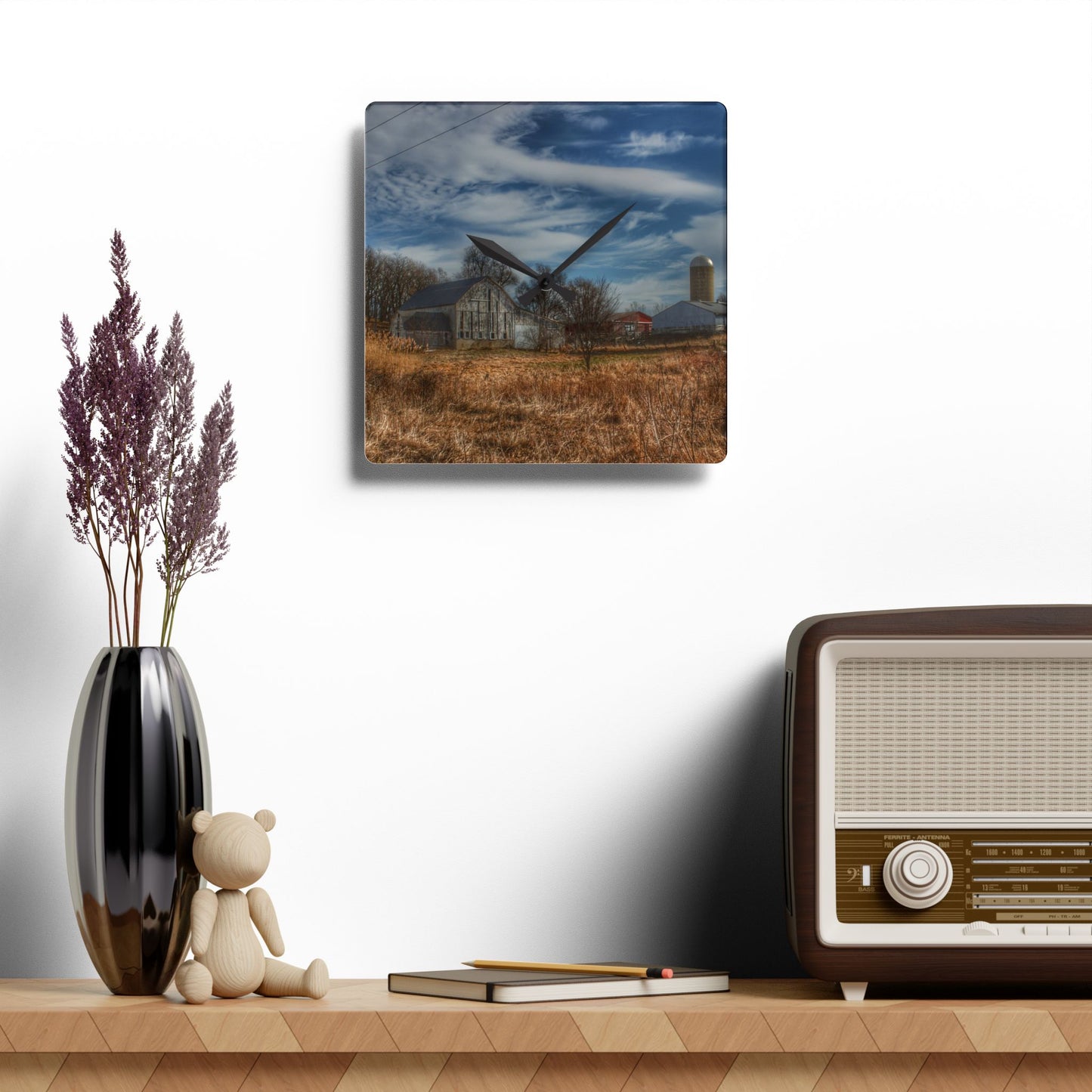 U R There Photography Newark Road White II Rustic Farmhouse Acrylic Analog Wall Clock