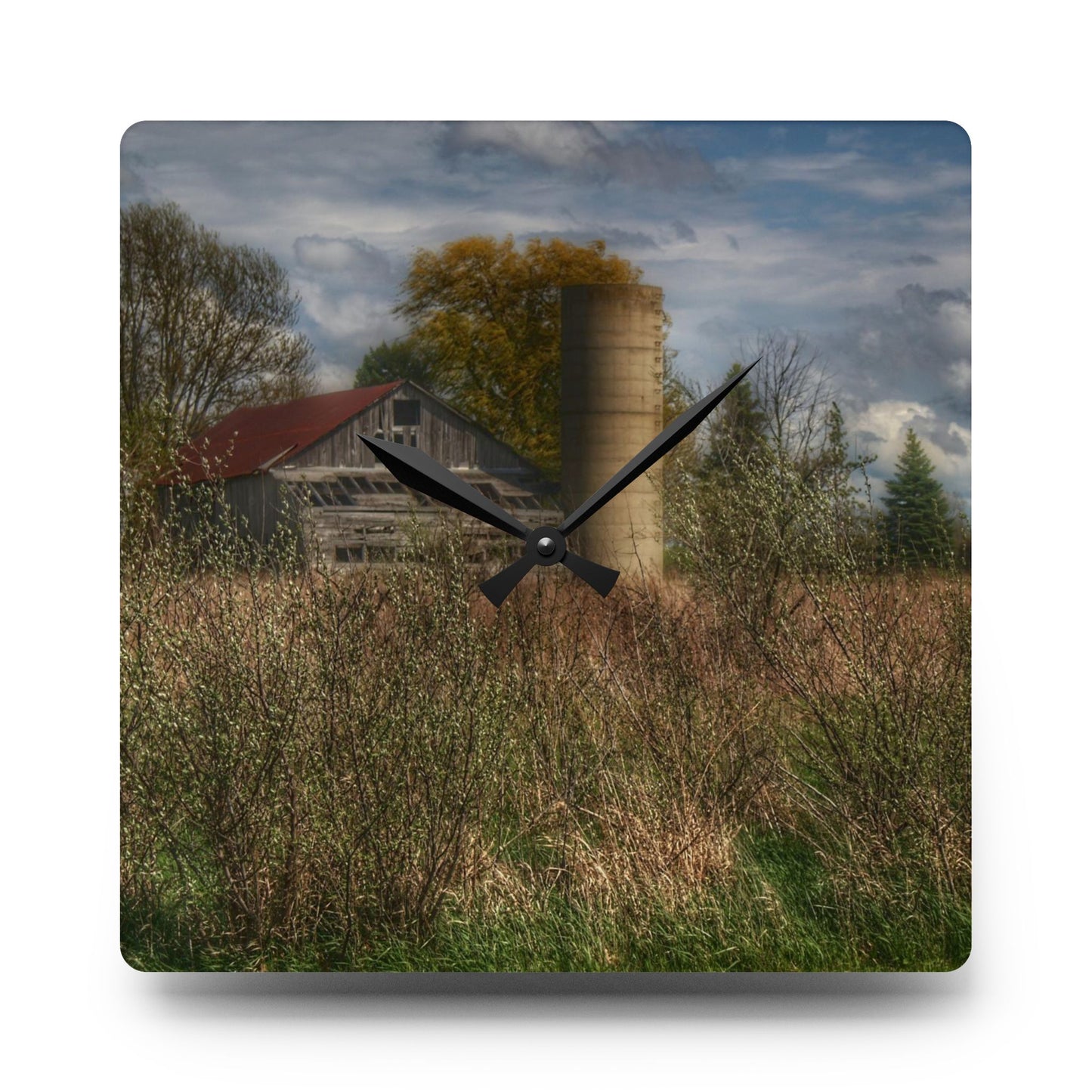 Rustic Farmhouse Wall Clock featuring Old Wooden Barn and Silo I