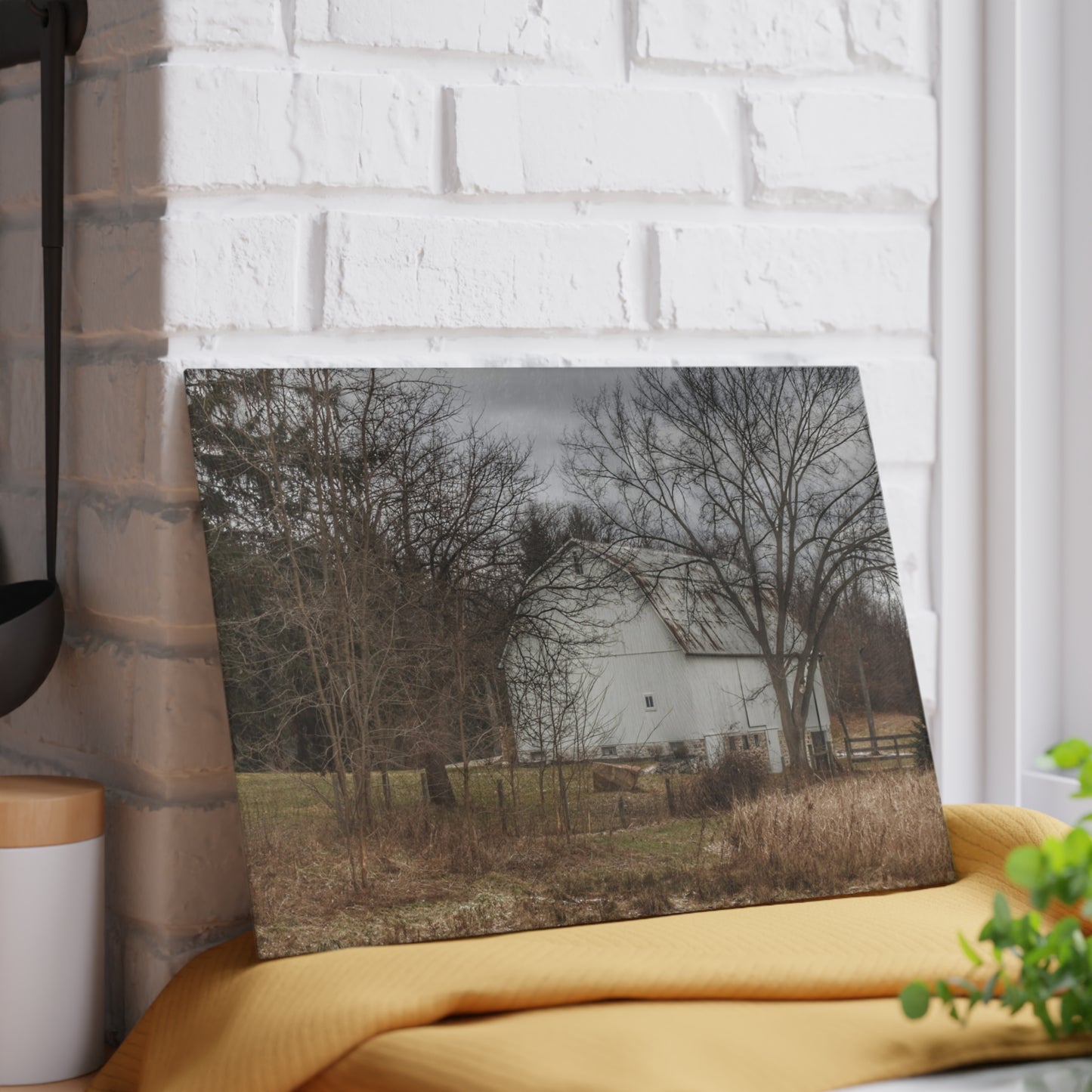 U R There Photography Oakwood Road White II Rustic Farmhouse Tempered-Glass Cutting Board