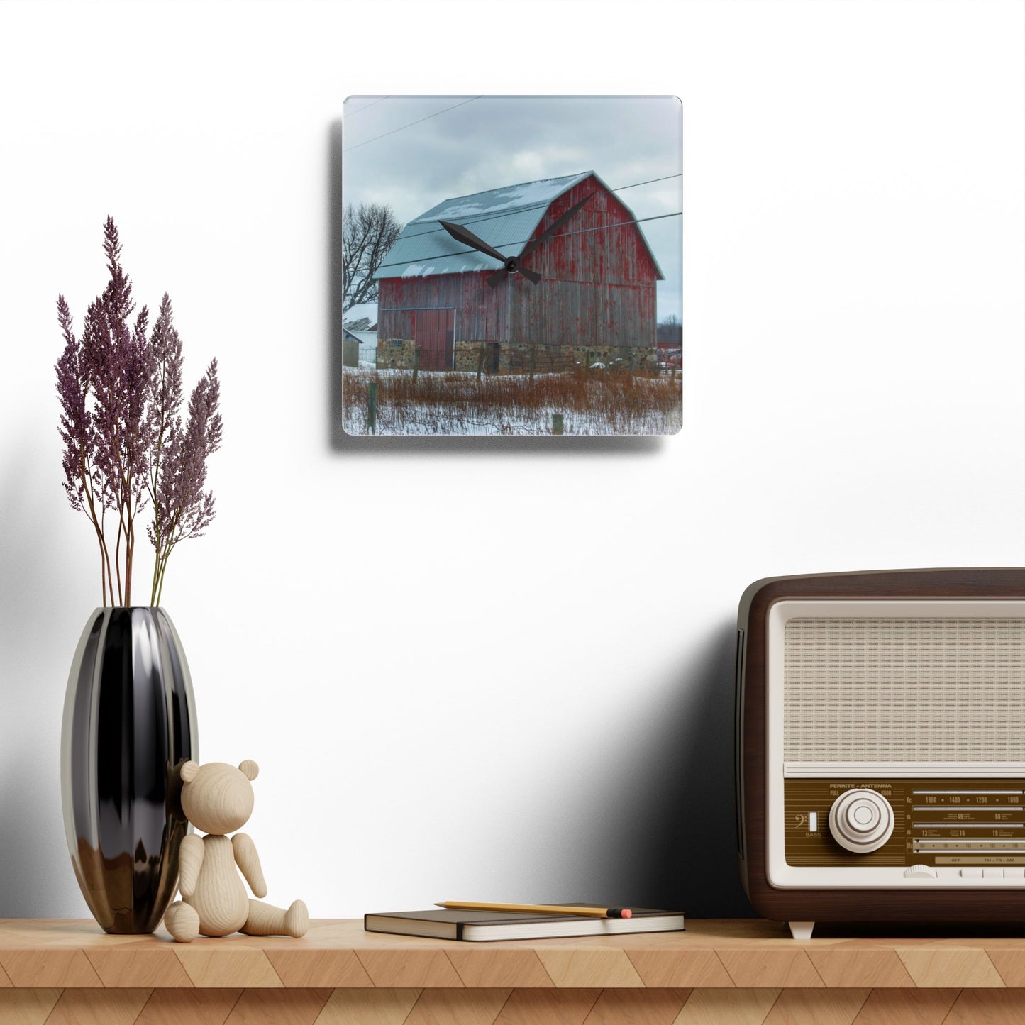 U R There Photography Lake Pleasant Stone Red and Little Grey Rustic Farmhouse Acrylic Analog Wall Clock