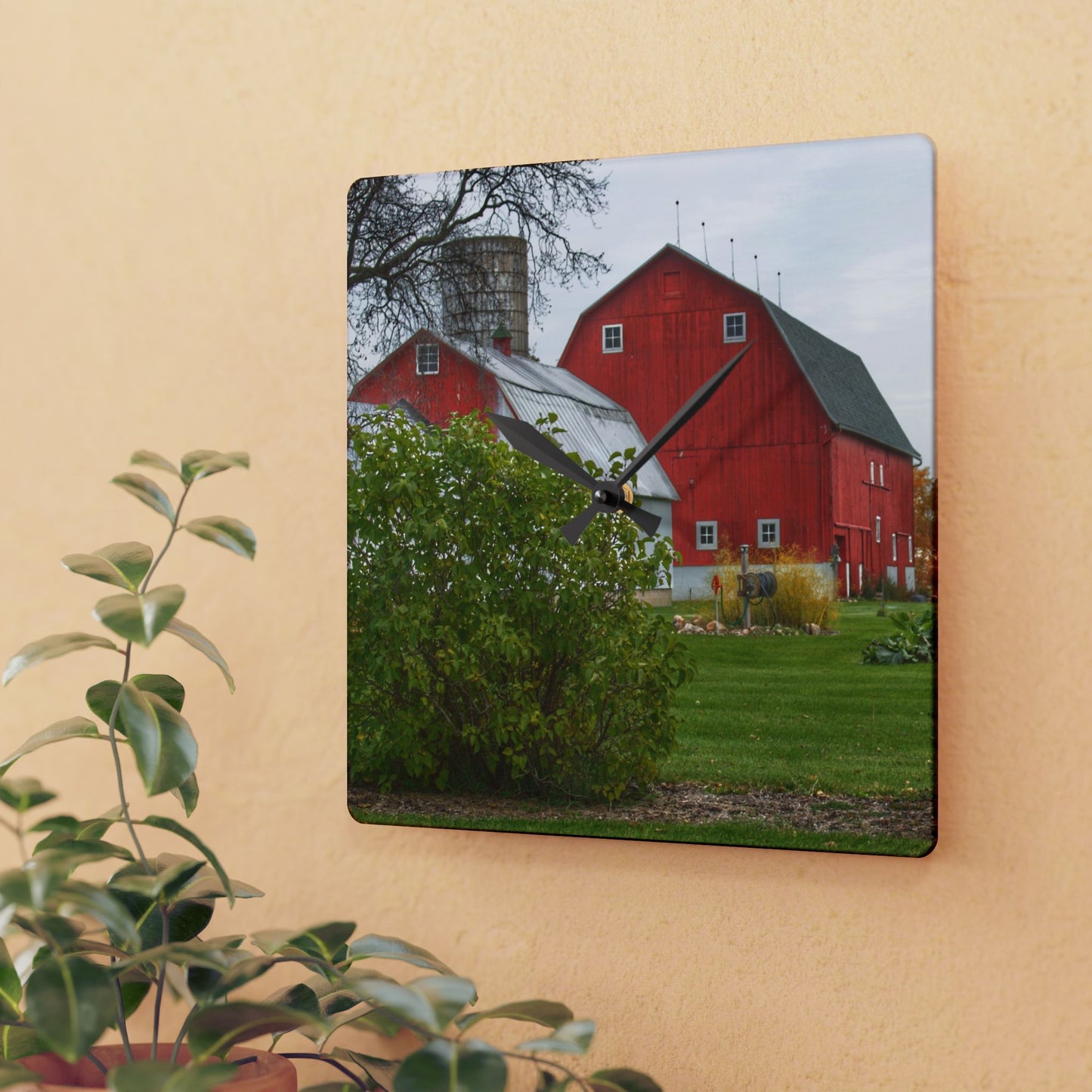 U R There Photography Potters Road Reds Rustic Farmhouse Acrylic Analog Wall Clock