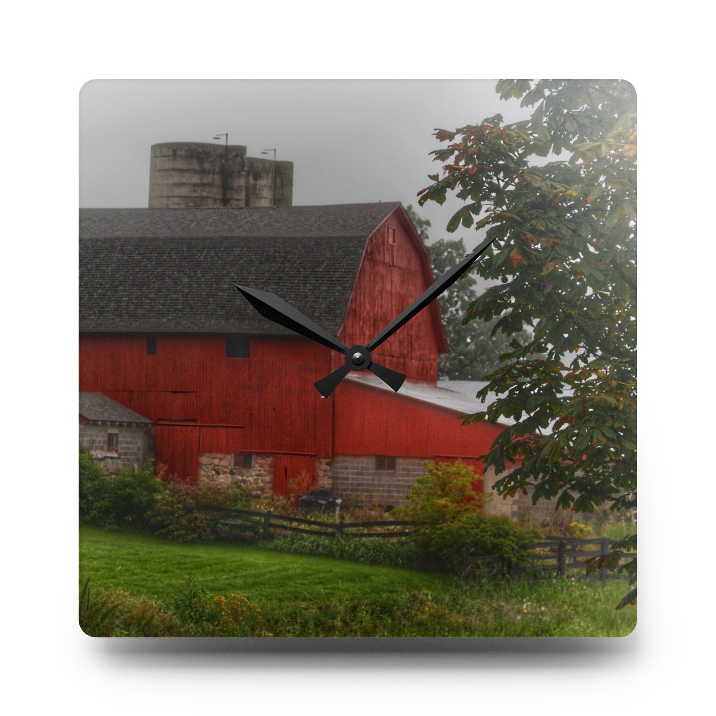 U R There Photography Five Lakes Road Red I Rustic Farmhouse Acrylic Analog Wall Clock