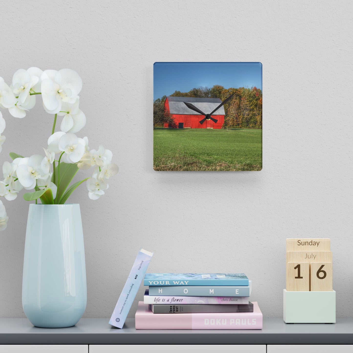U R There Photography Ubly Road Red Rustic Farmhouse Acrylic Analog Wall Clock