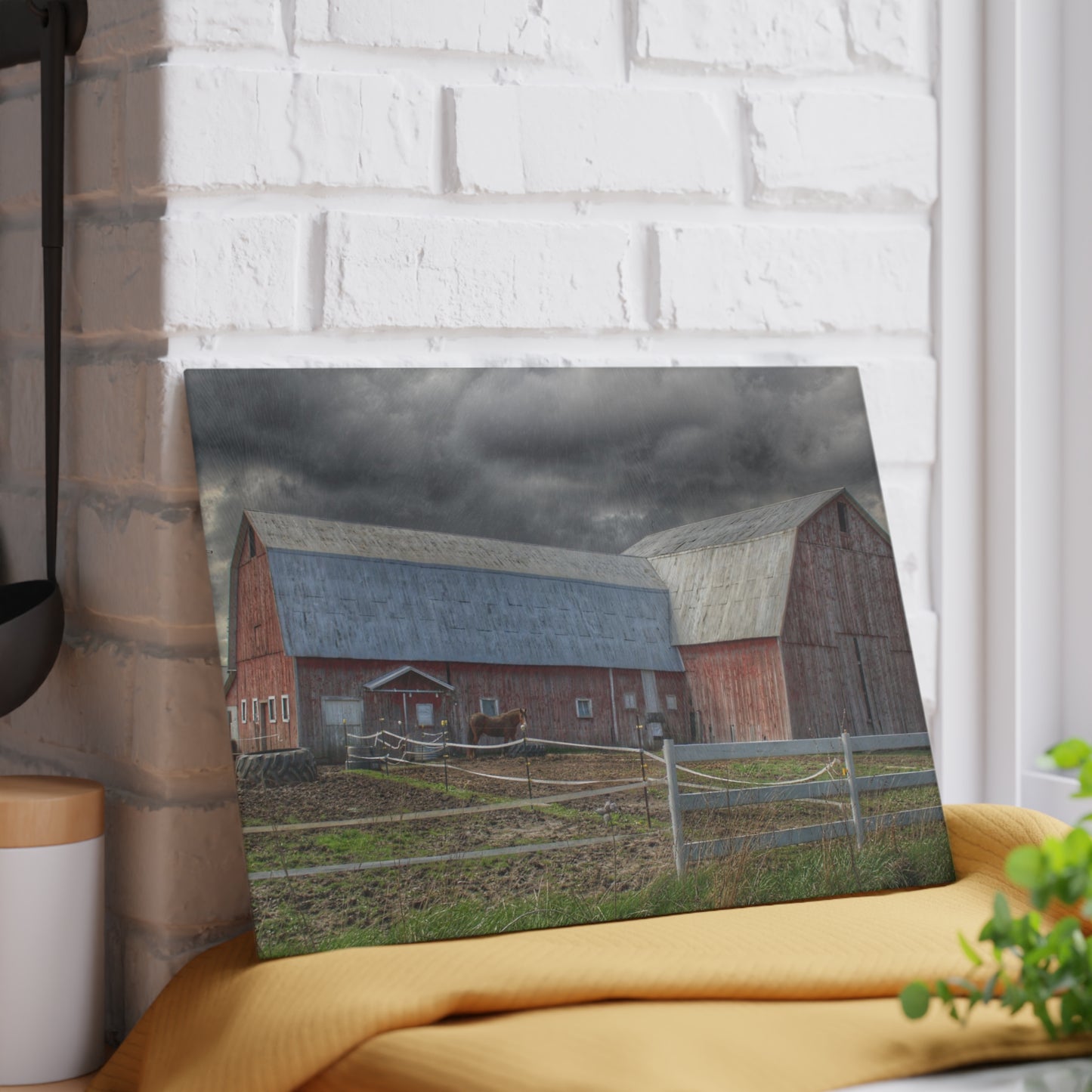 U R There Photography Sandusky Horse Barn Against Fall Skies Rustic Farmhouse Tempered-Glass Cutting Board