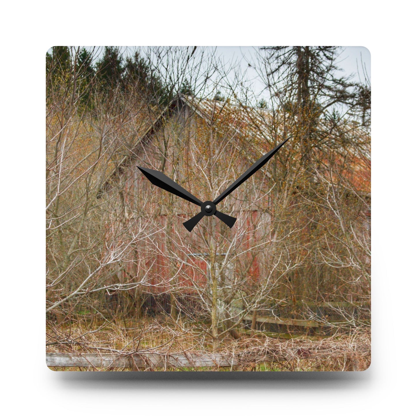 U R There Photography Klam Road Hidden Gable Red Rustic Farmhouse Acrylic Analog Wall Clock