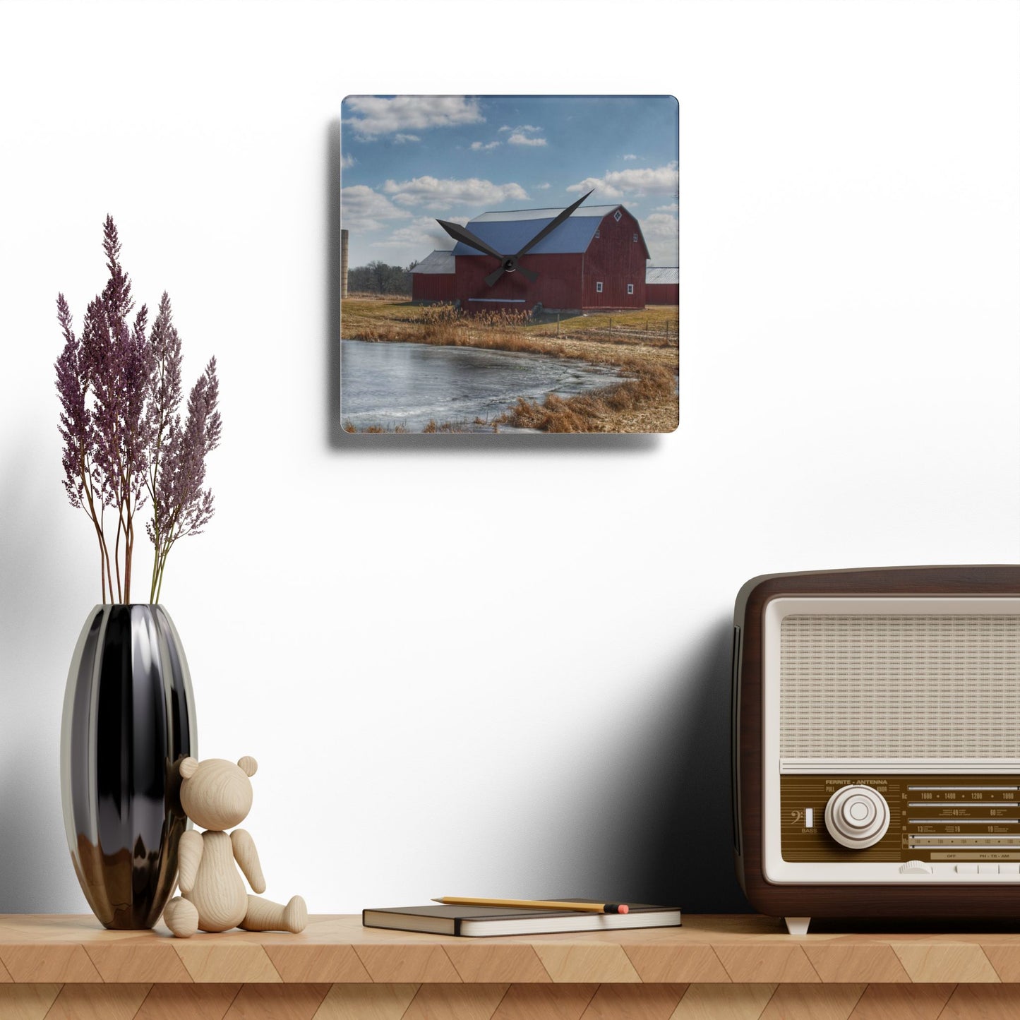 U R There Photography Fisher Road Red Rustic Farmhouse Acrylic Analog Wall Clock
