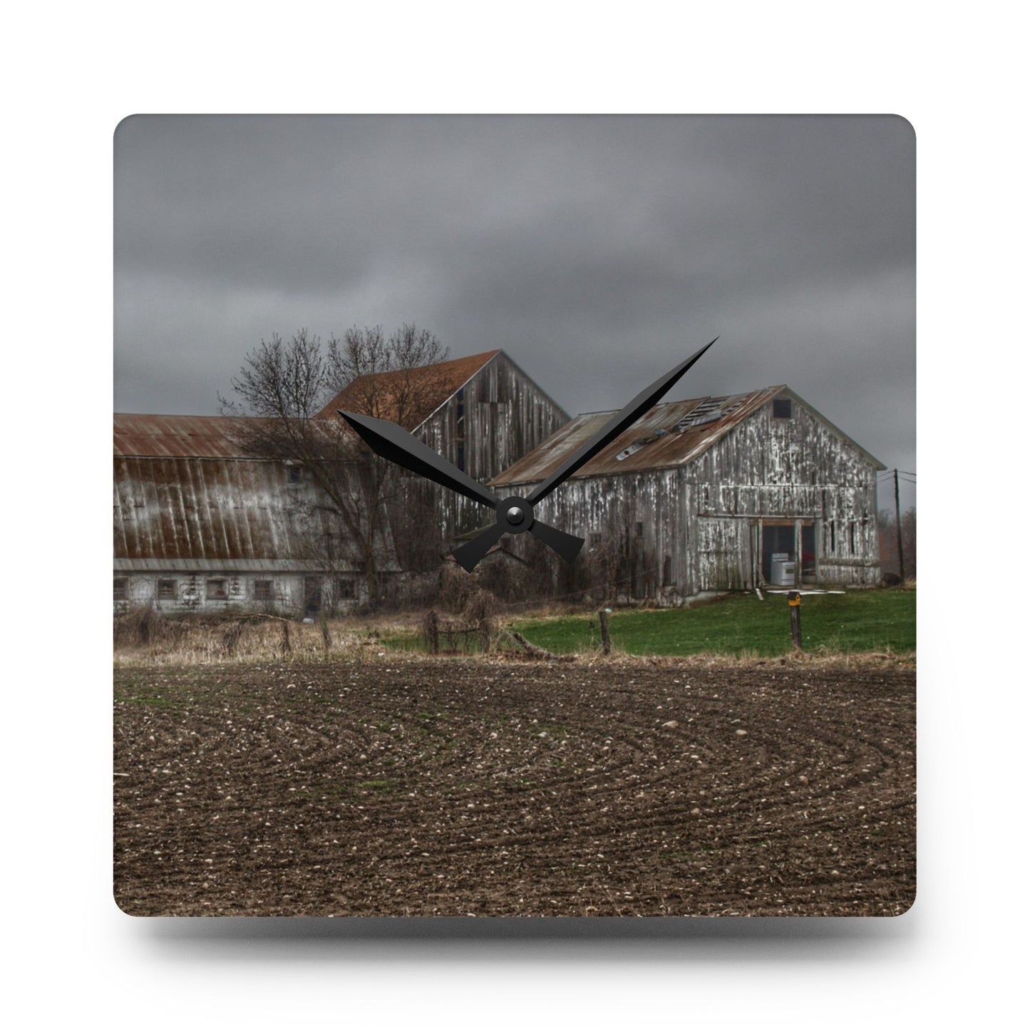 U R There Photography Rusted and Grey on Newark Road Rustic Farmhouse Acrylic Analog Wall Clock