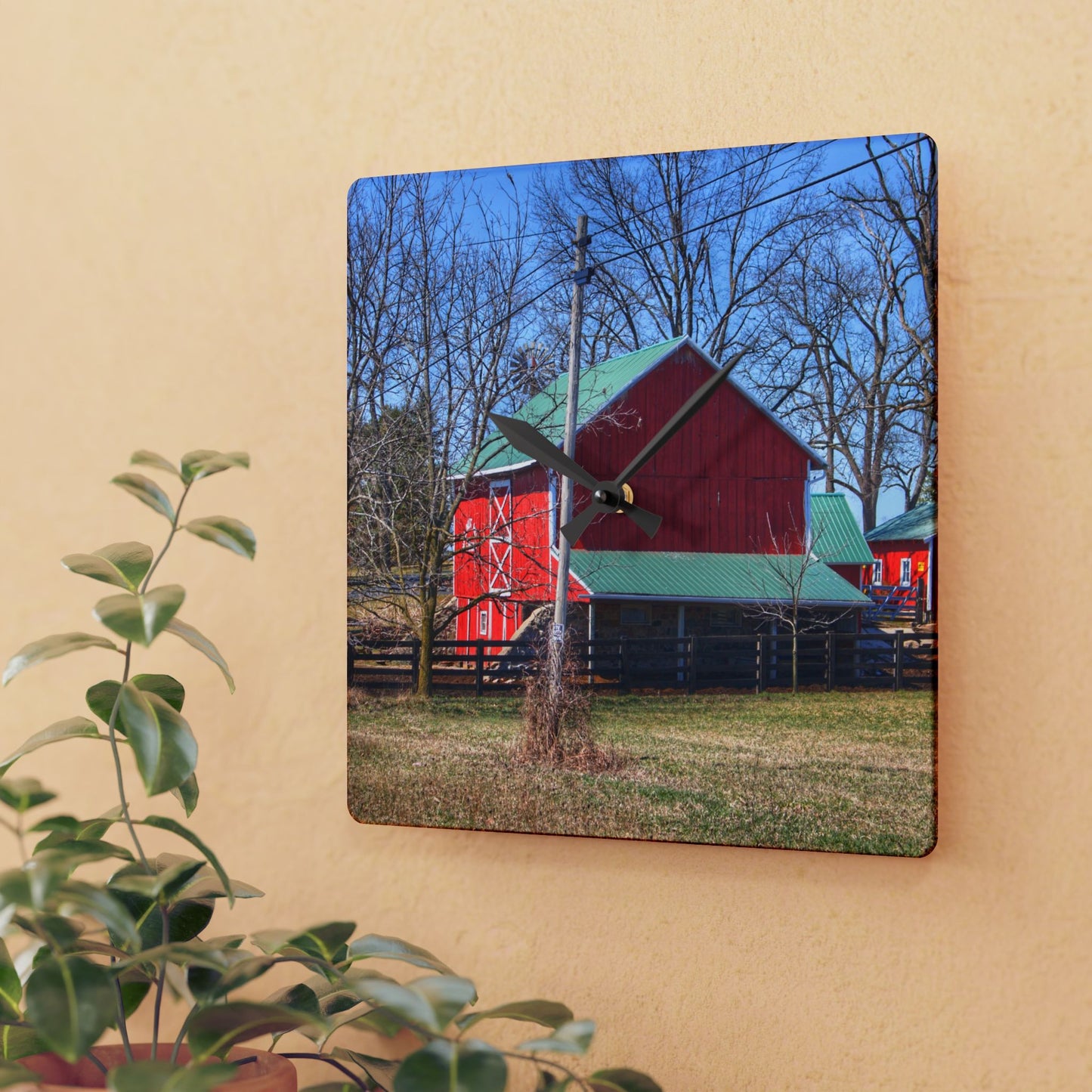 U R There Photography Imlay City Road Cow Barn II Rustic Farmhouse Acrylic Analog Wall Clock