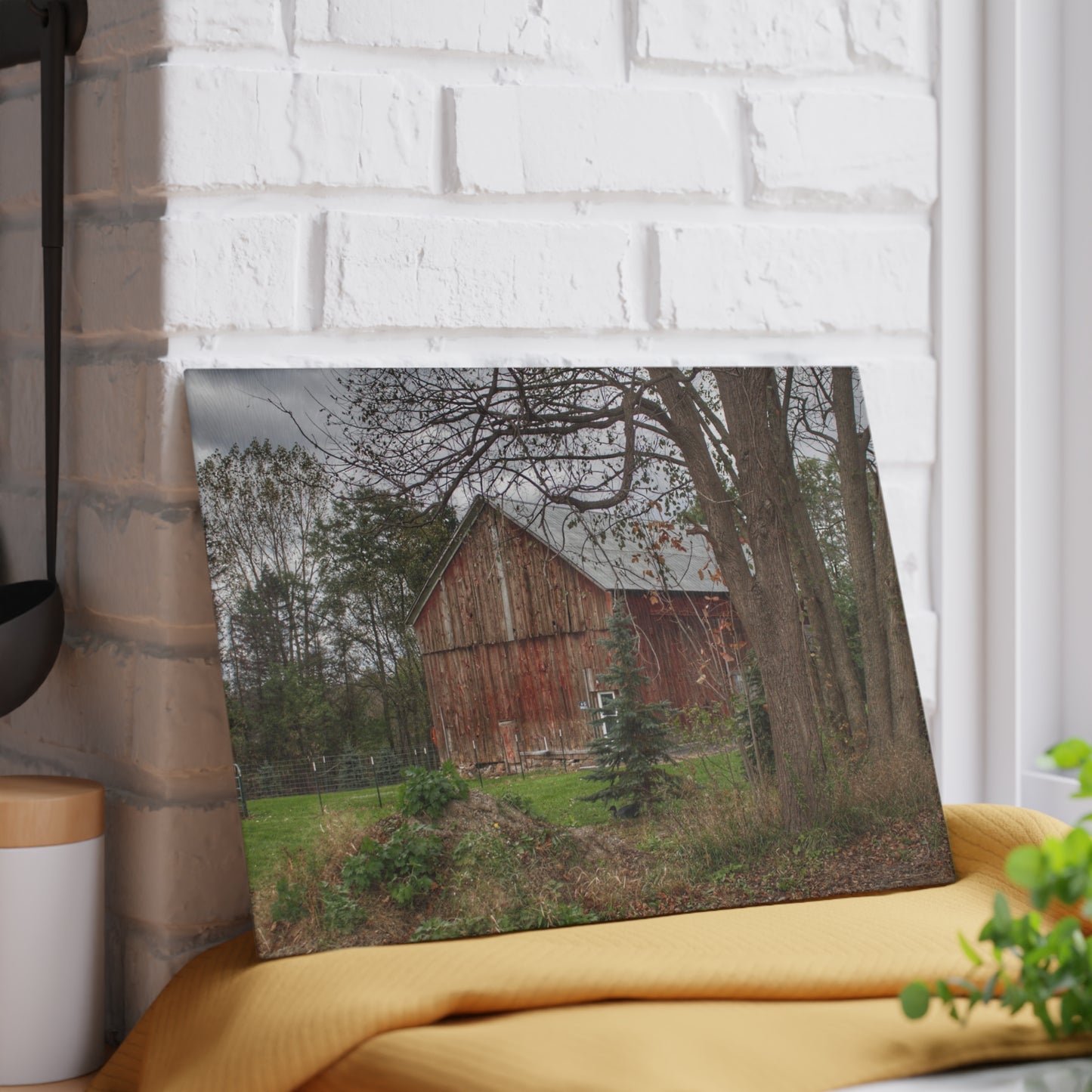 U R There Photography Big Fish Lake Road Red Rustic Farmhouse Tempered-Glass Cutting Board