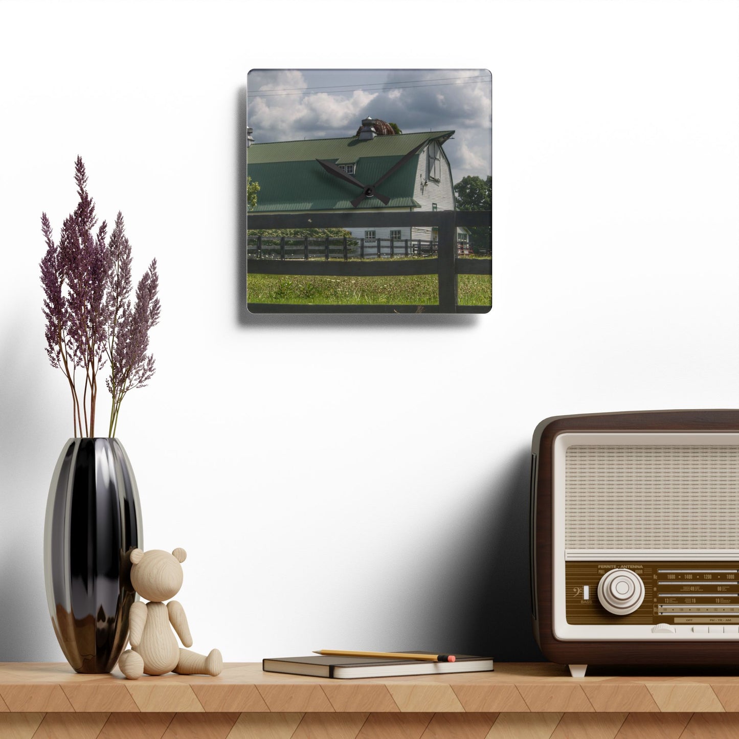 U R There Photography Clark Road White I Rustic Farmhouse Acrylic Analog Wall Clock