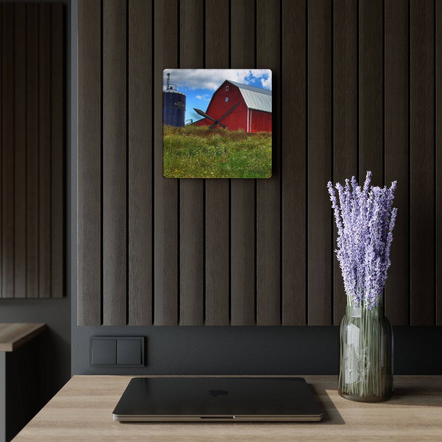 U R There Photography South Henderson Road Hilltop Red III Rustic Farmhouse Acrylic Analog Wall Clock