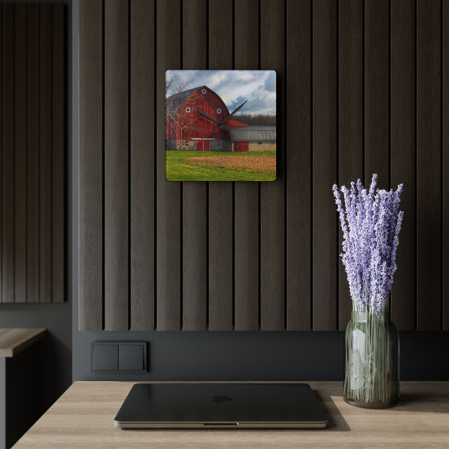 U R There Photography Clear Lake Road Fieldstone Red Rustic Farmhouse Wall Clock