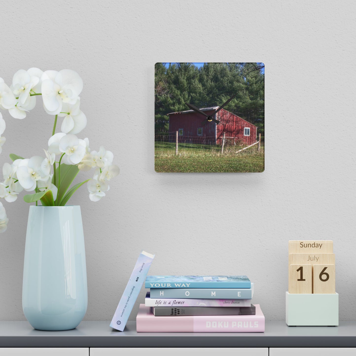 U R There Photography Little Red Shack Rustic Farmhouse Acrylic Analog Wall Clock