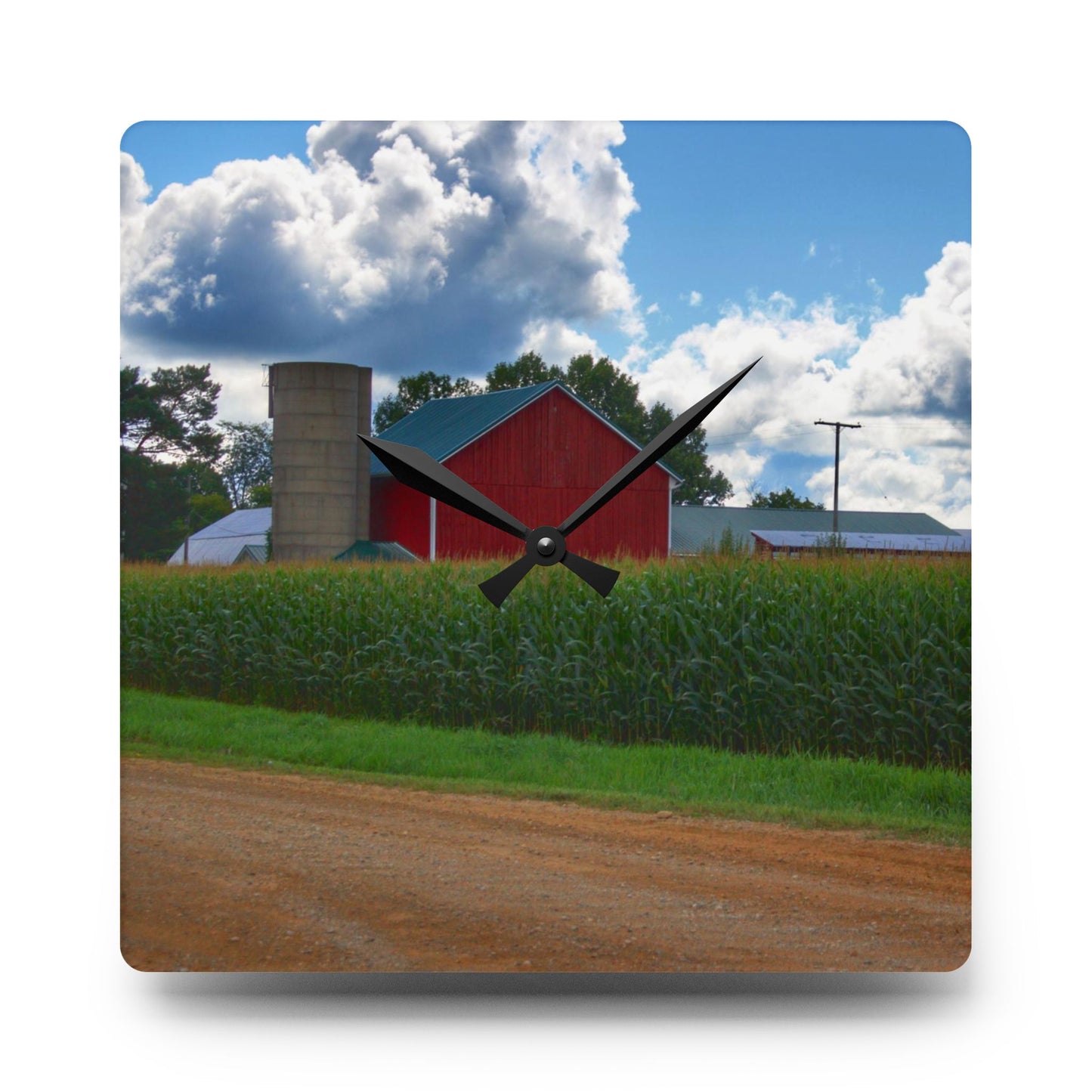 U R There Photography East Brown Road Red Rustic Farmhouse Acrylic Analog Wall Clock
