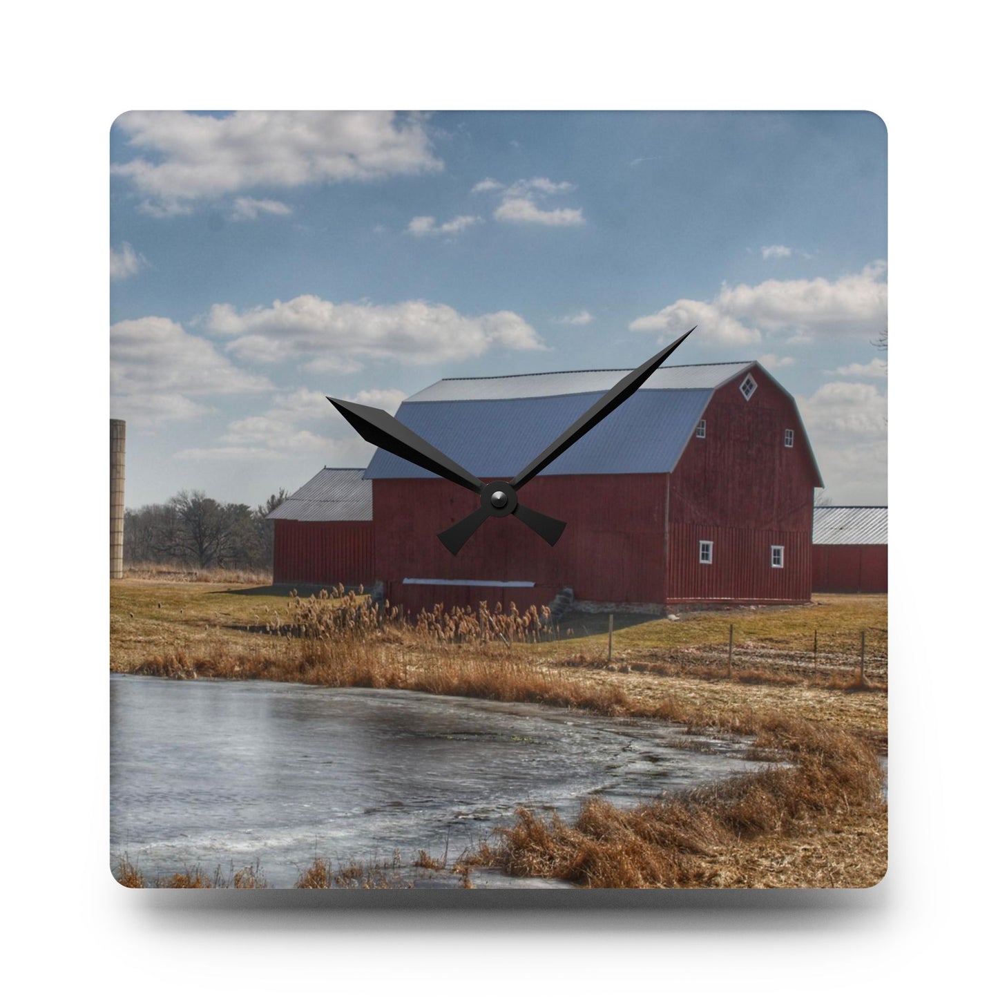 U R There Photography Fisher Road Red Rustic Farmhouse Acrylic Analog Wall Clock