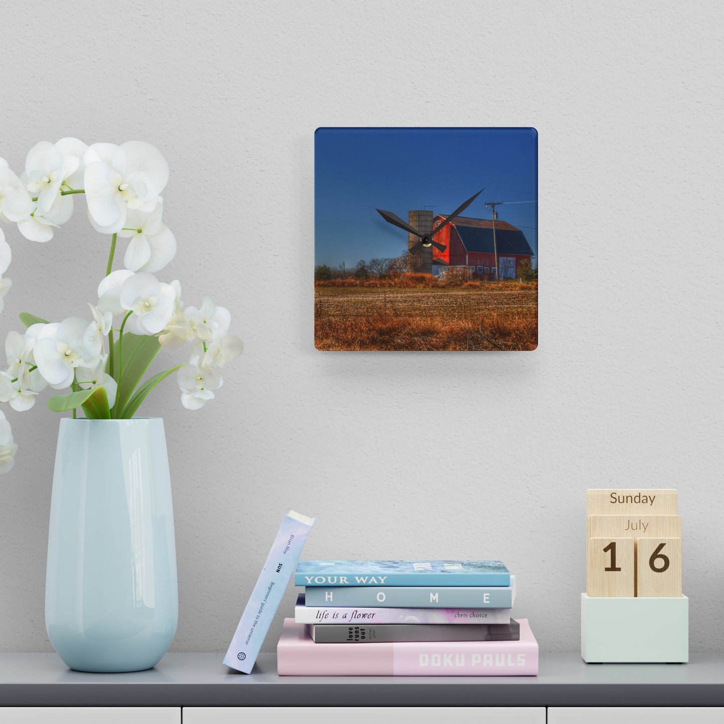 U R There Photography Applegate Road Red Rustic Farmhouse Acrylic Analog Wall Clock