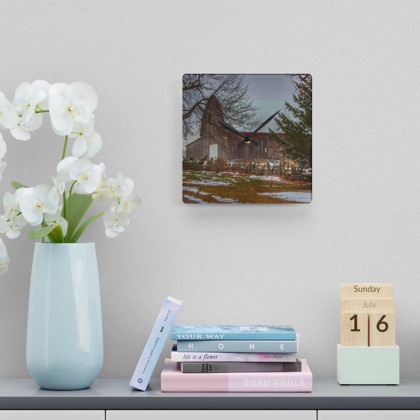 U R There Photography Schott Road Grey II Rustic Farmhouse Acrylic Analog Wall Clock