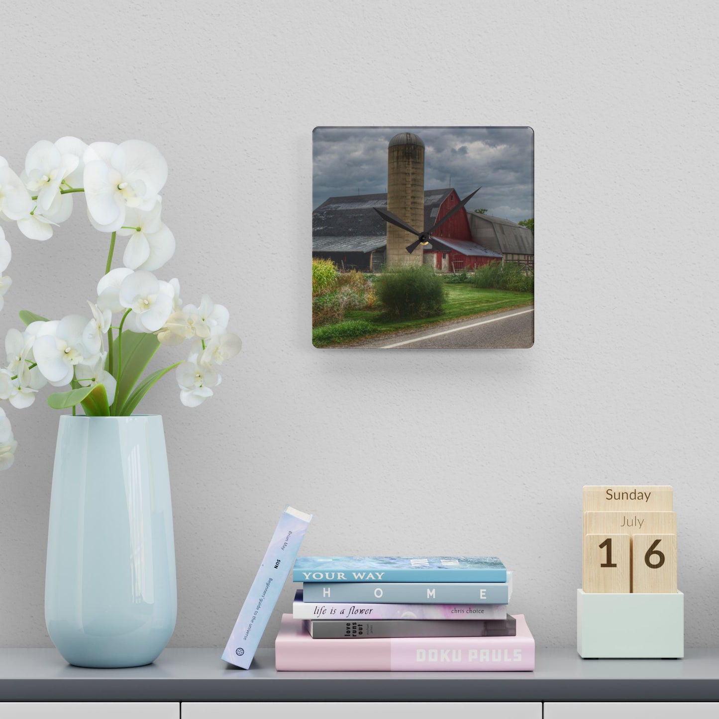 U R There Photography Lake Pleasant Road Little Red and Silo II Rustic Farmhouse Acrylic Analog Wall Clock