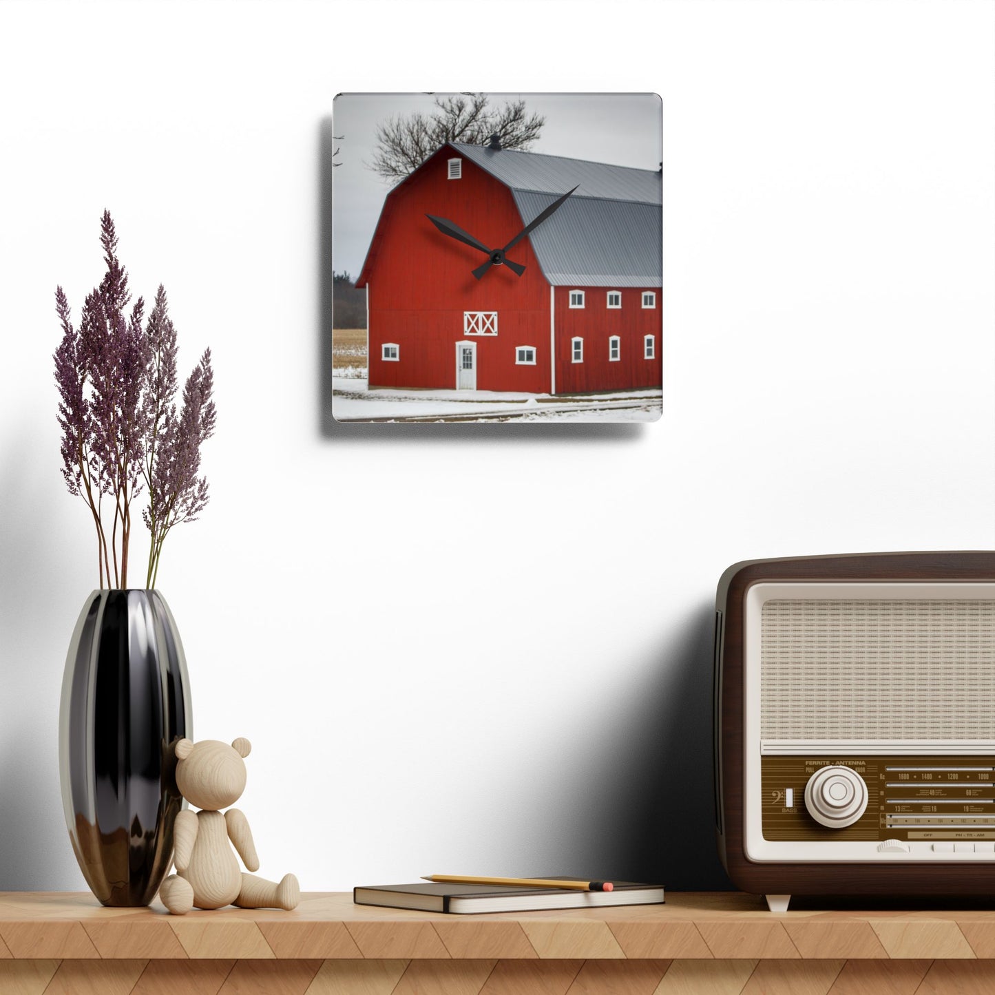 U R There Photography Hollow Corners Red Tree Silo II Rustic Farmhouse Acrylic Analog Wall Clock