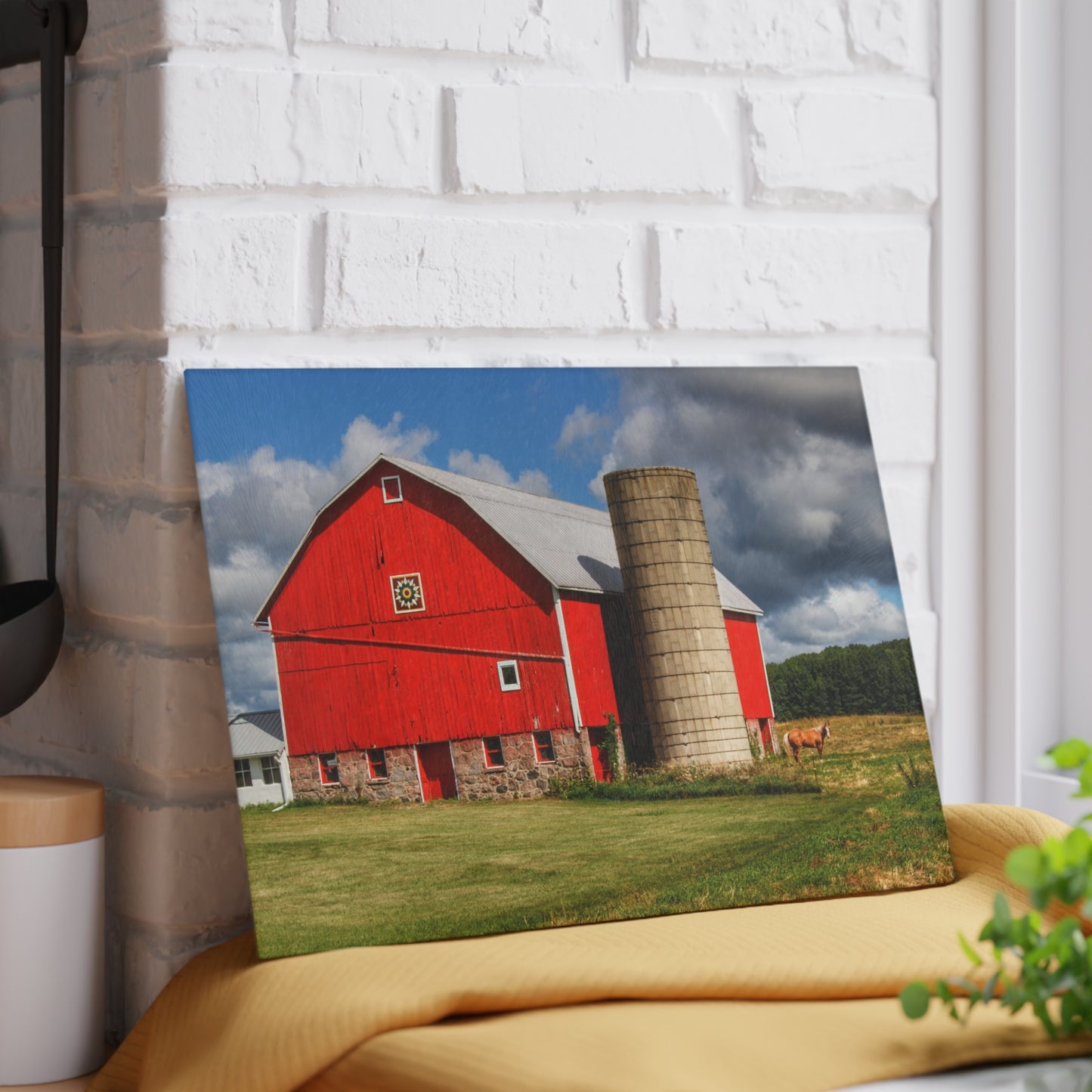 U R There Photography West Brown Road Red and Silo I Rustic Farmhouse Tempered-Glass Cutting Board