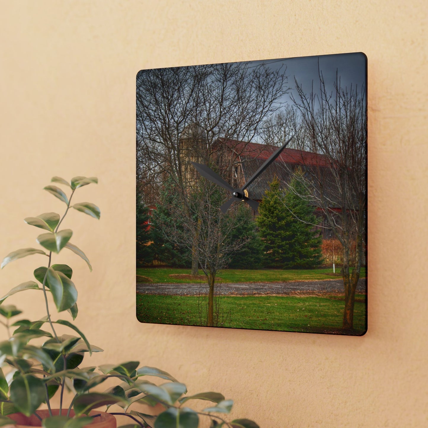 U R There Photography Rusted Red Beyond the Pines Rustic Farmhouse Acrylic Analog Wall Clock