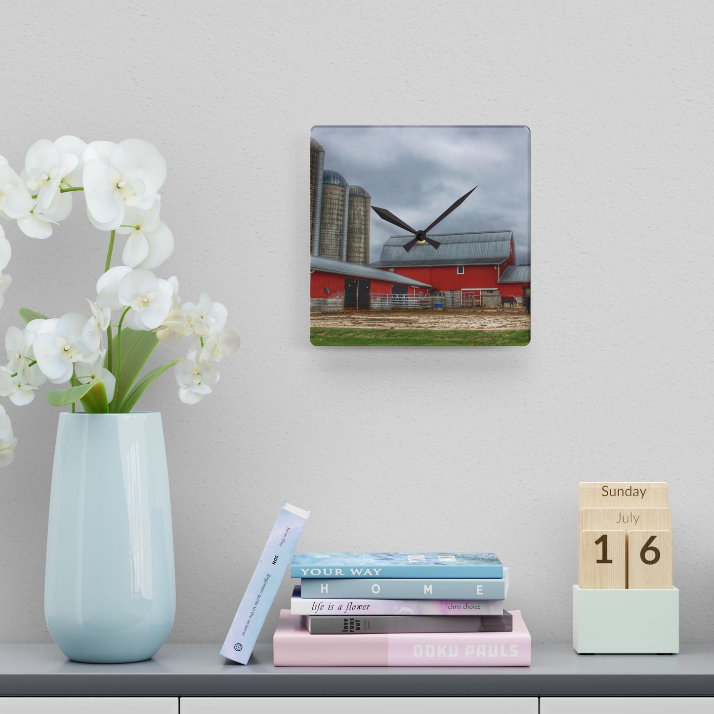 U R There Photography Daley Road Cow Barn Rustic Farmhouse Acrylic Analog Wall Clock