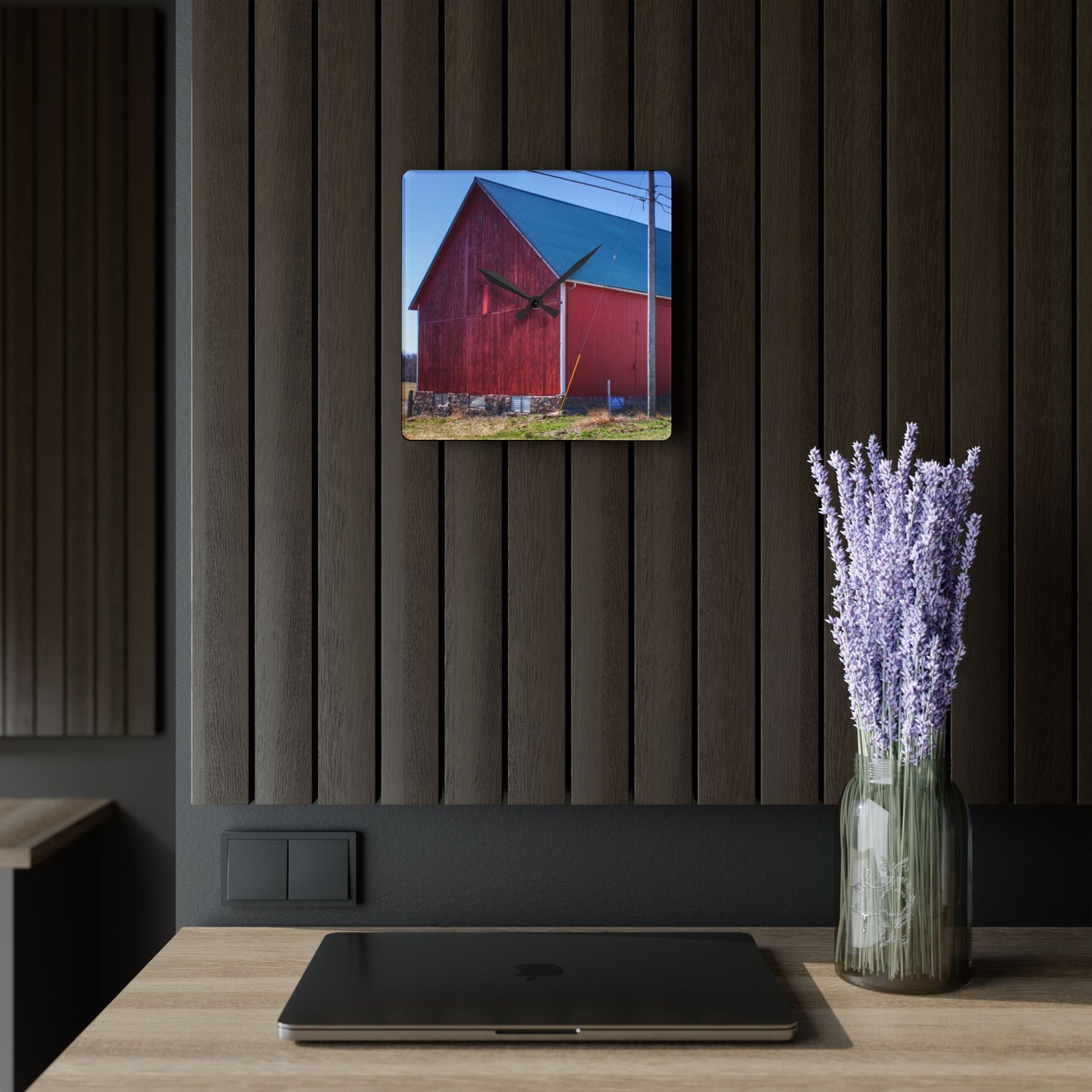 U R There Photography Imlay City Road Red II Rustic Farmhouse Acrylic Analog Wall Clock