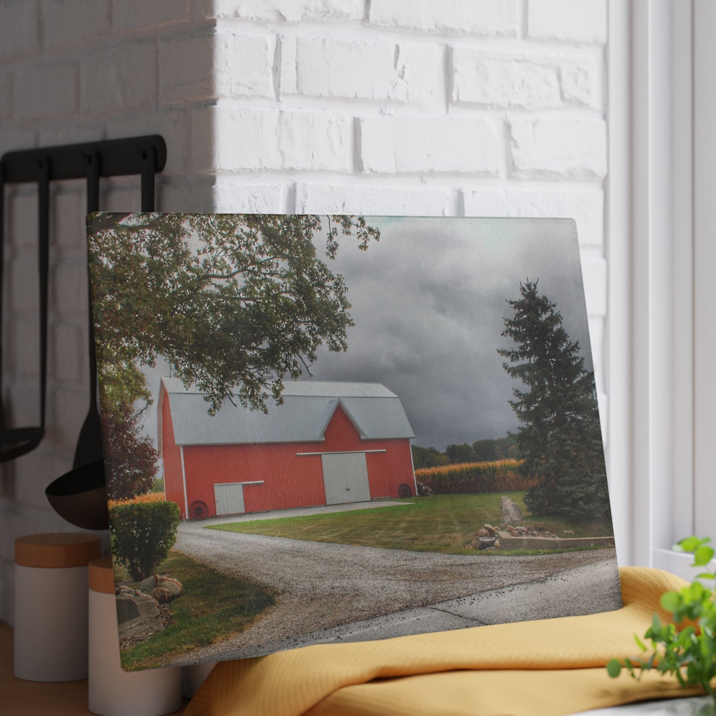 U R There Photography Richville Road Red Rustic Farmhouse Tempered-Glass Cutting Board