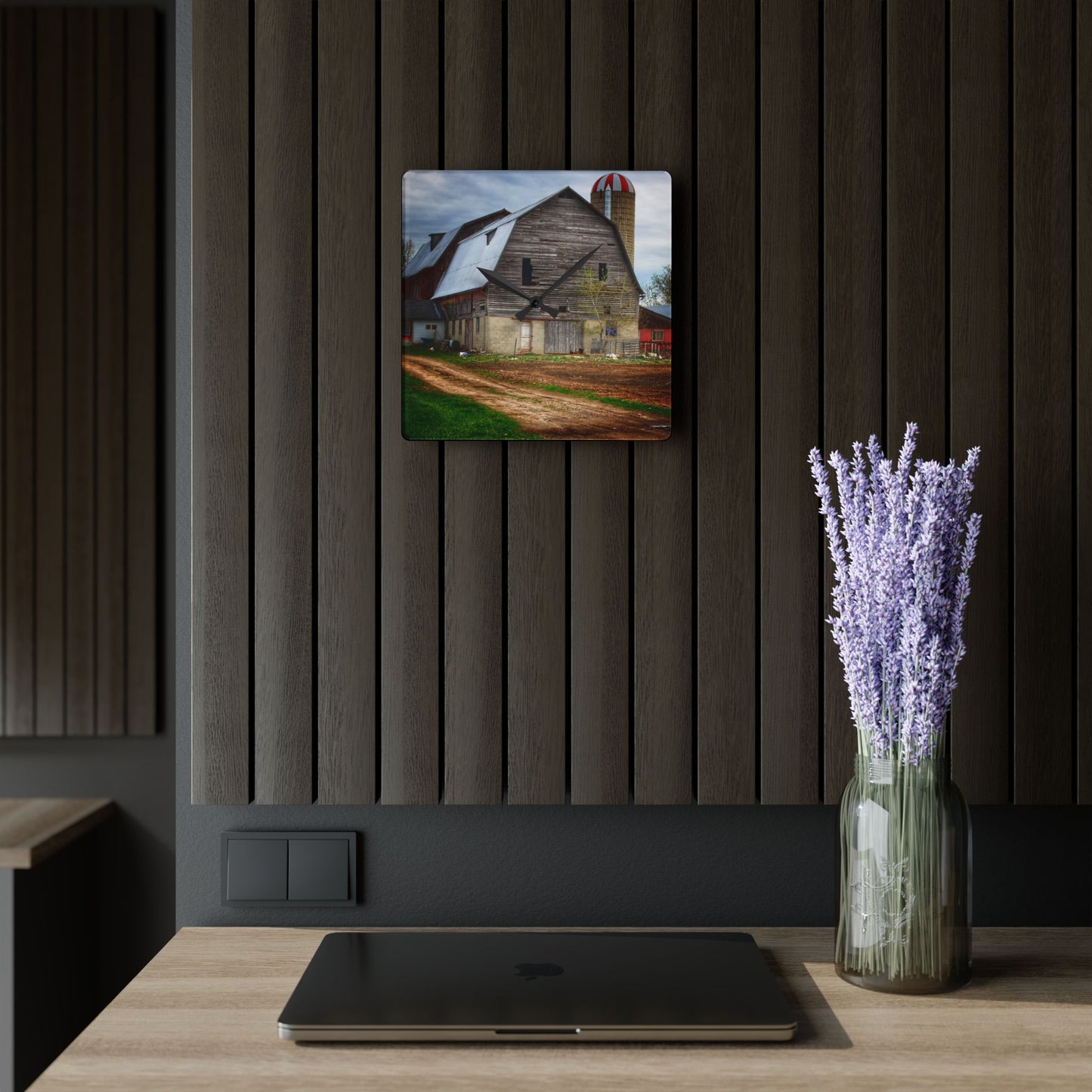 U R There Photography Murphy Lake Road Grey l Rustic Farmhouse Acrylic Analog Wall Clock