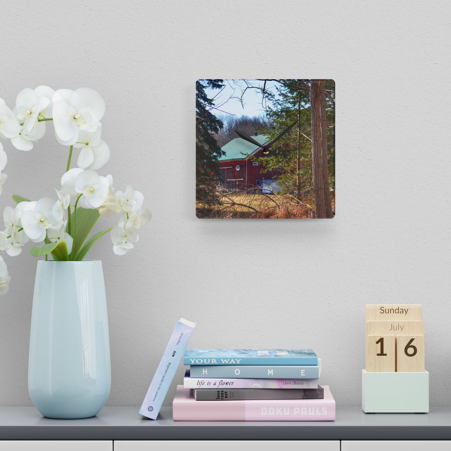 U R There Photography Bordman Road Hidden Red Rustic Farmhouse Acrylic Analog Wall Clock