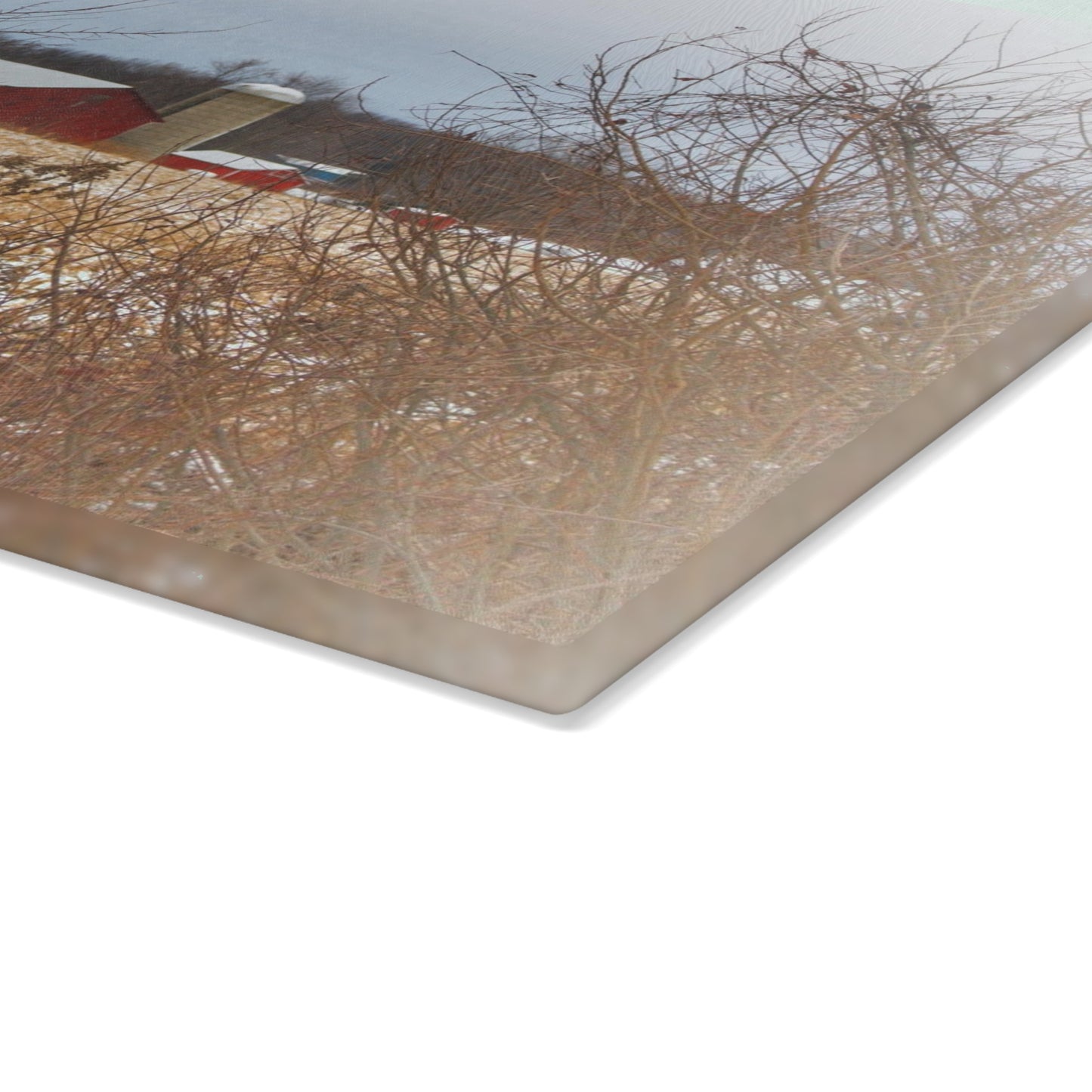 U R There Photography Brook Road Red in Winter Rustic Farmhouse Tempered-Glass Cutting Board