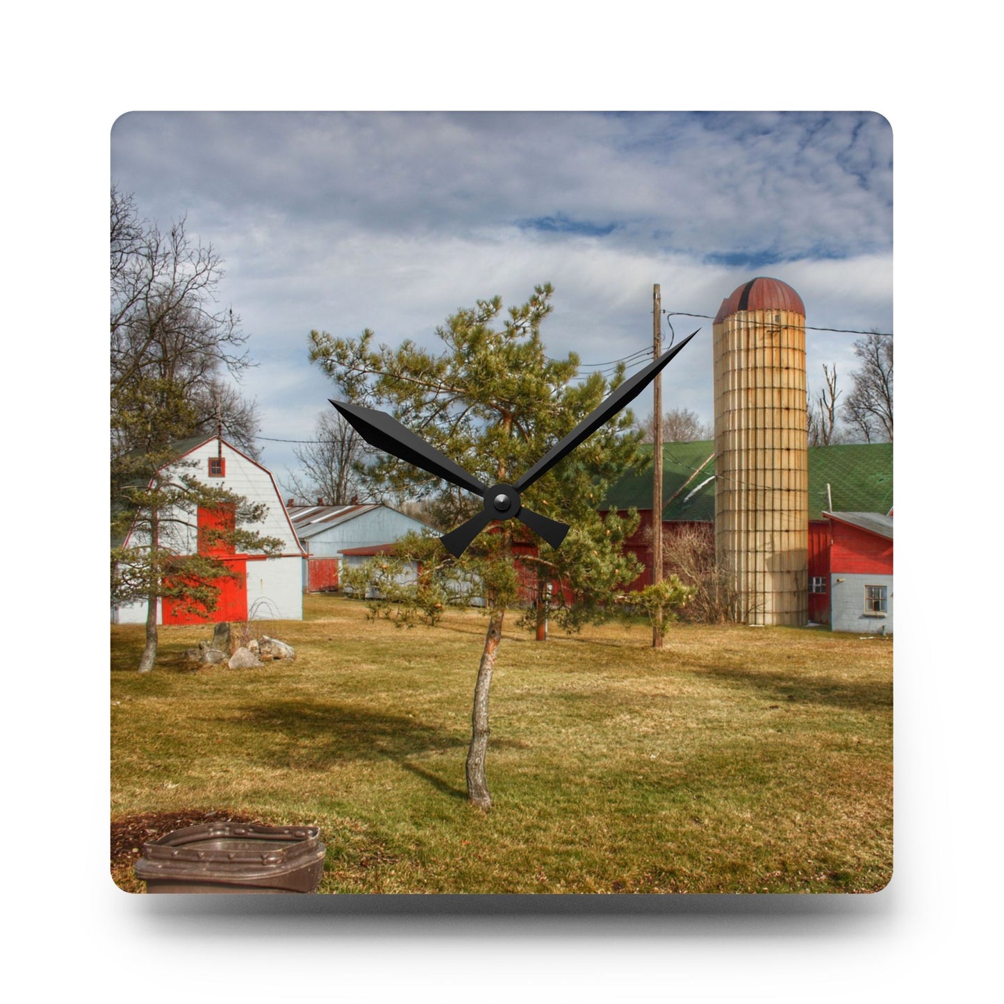 U R There Photography Newark Road Red and Silos I Rustic Farmhouse Acrylic Analog Wall Clock