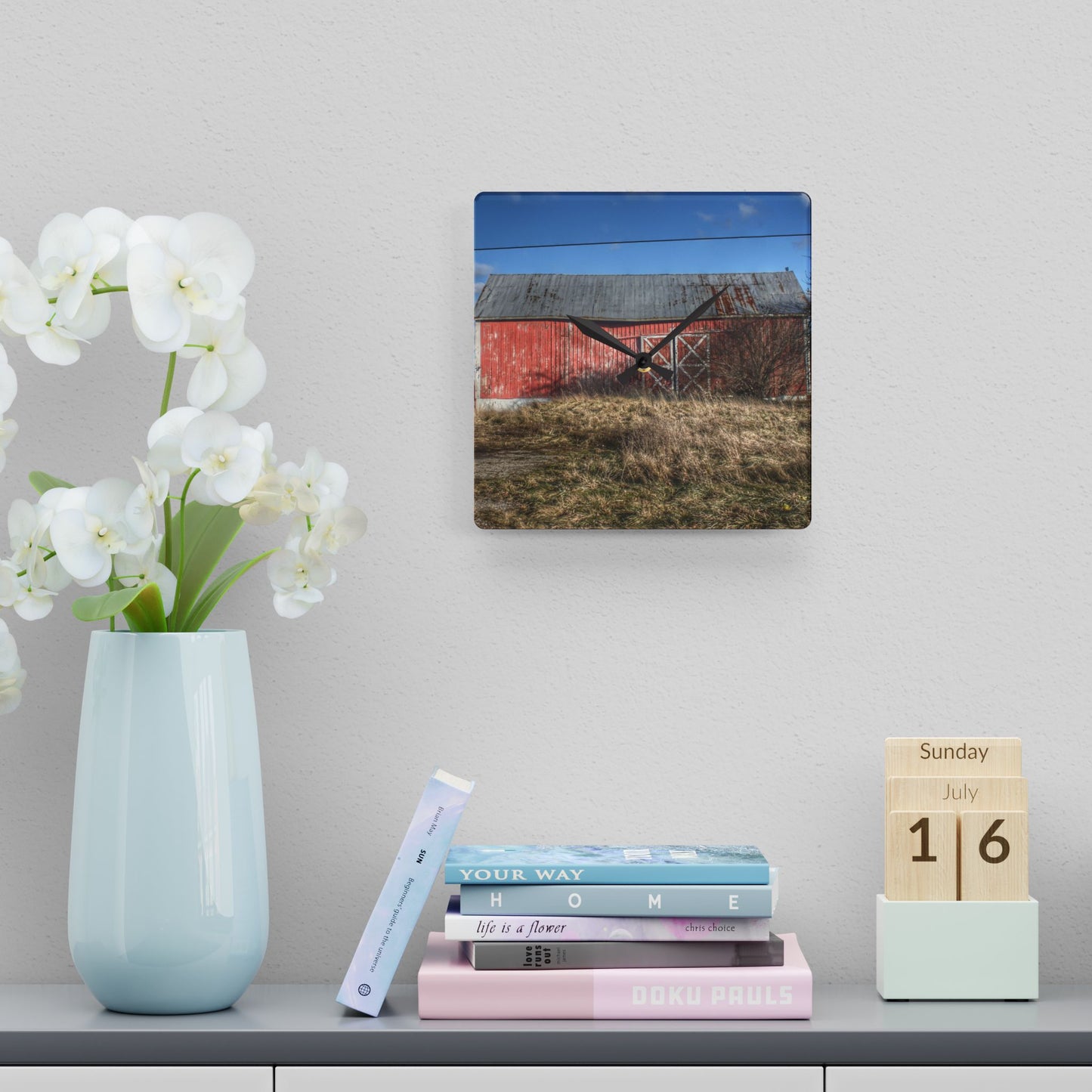 U R There Photography Lapeer Road Crooked Red Rustic Farmhouse Acrylic Analog Wall Clock