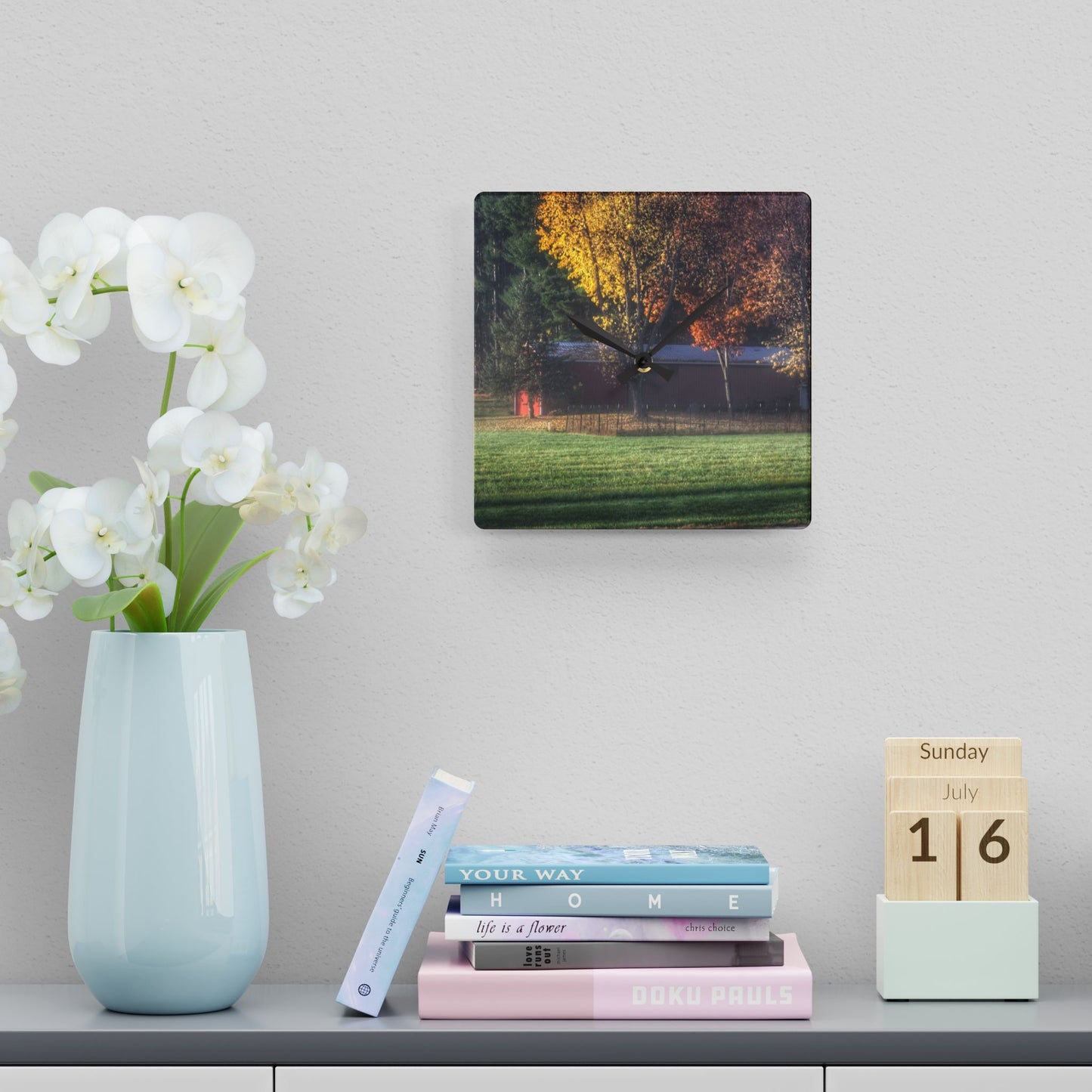 U R There Photography Red Barn on Foggy Fall Morning Rustic Farmhouse Acrylic Analog Wall Clock
