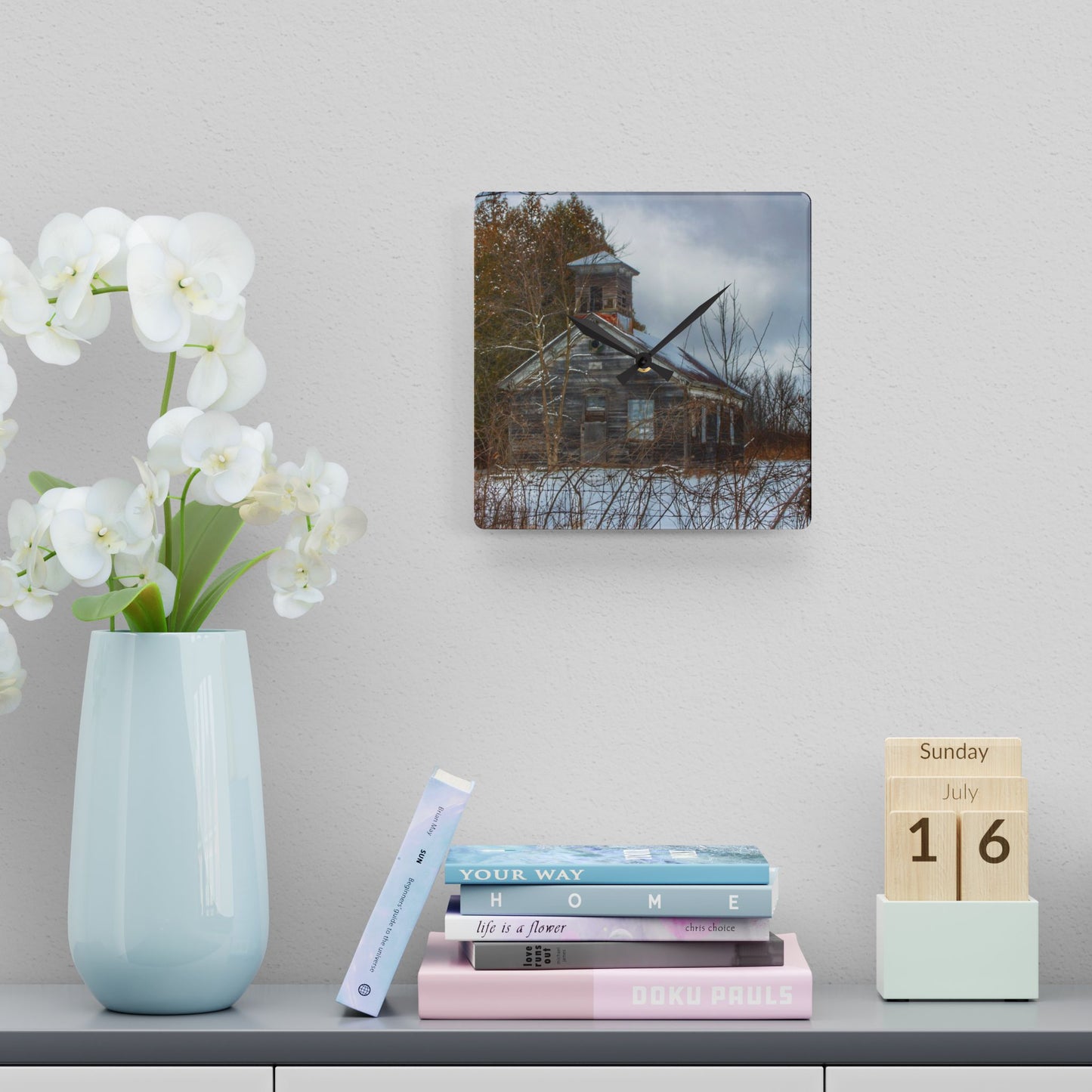 Rustic Farmhouse Wall Clock featuring Vermilya Schoolhouse II