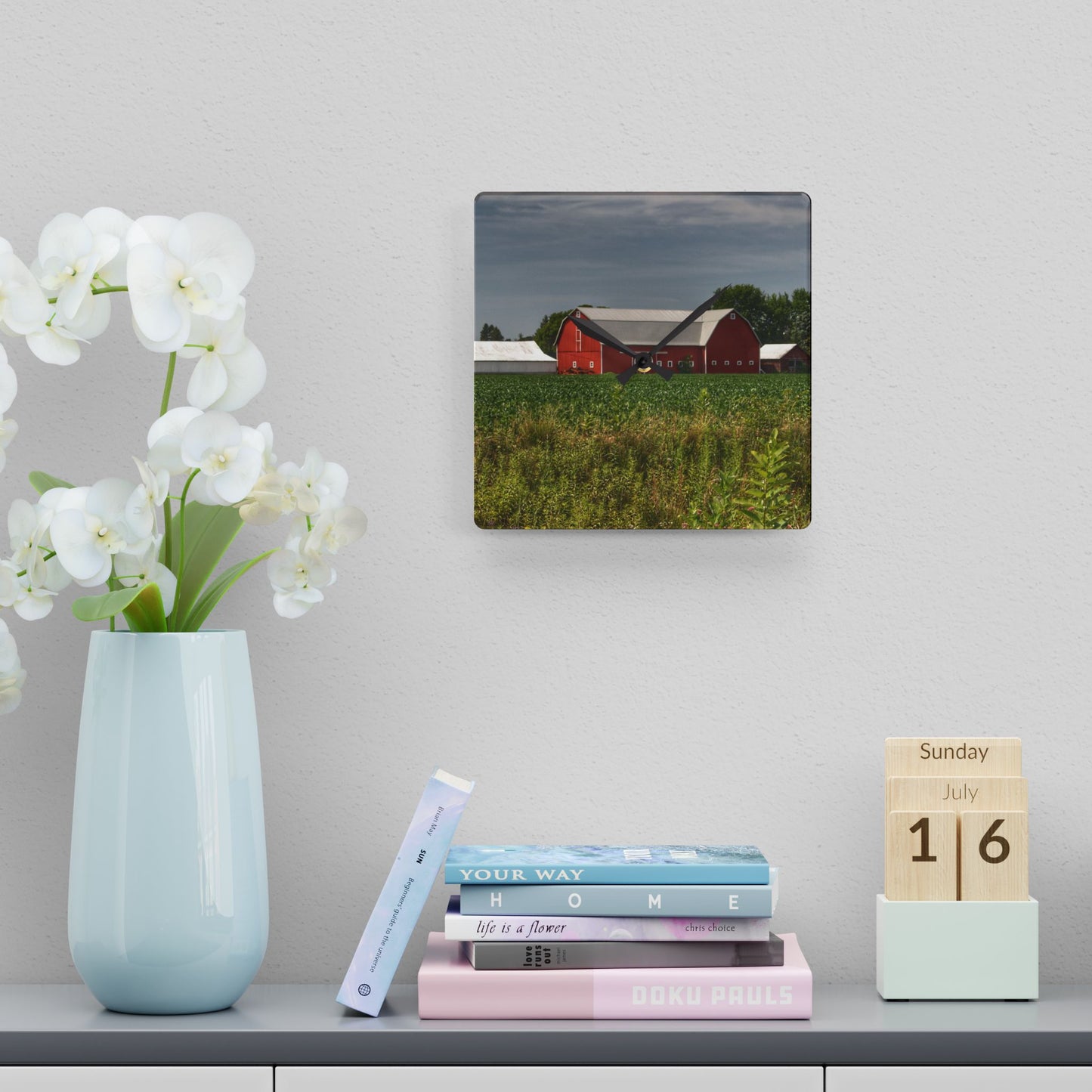 U R There Photography Townline Road Red Rustic Farmhouse Acrylic Analog Wall Clock