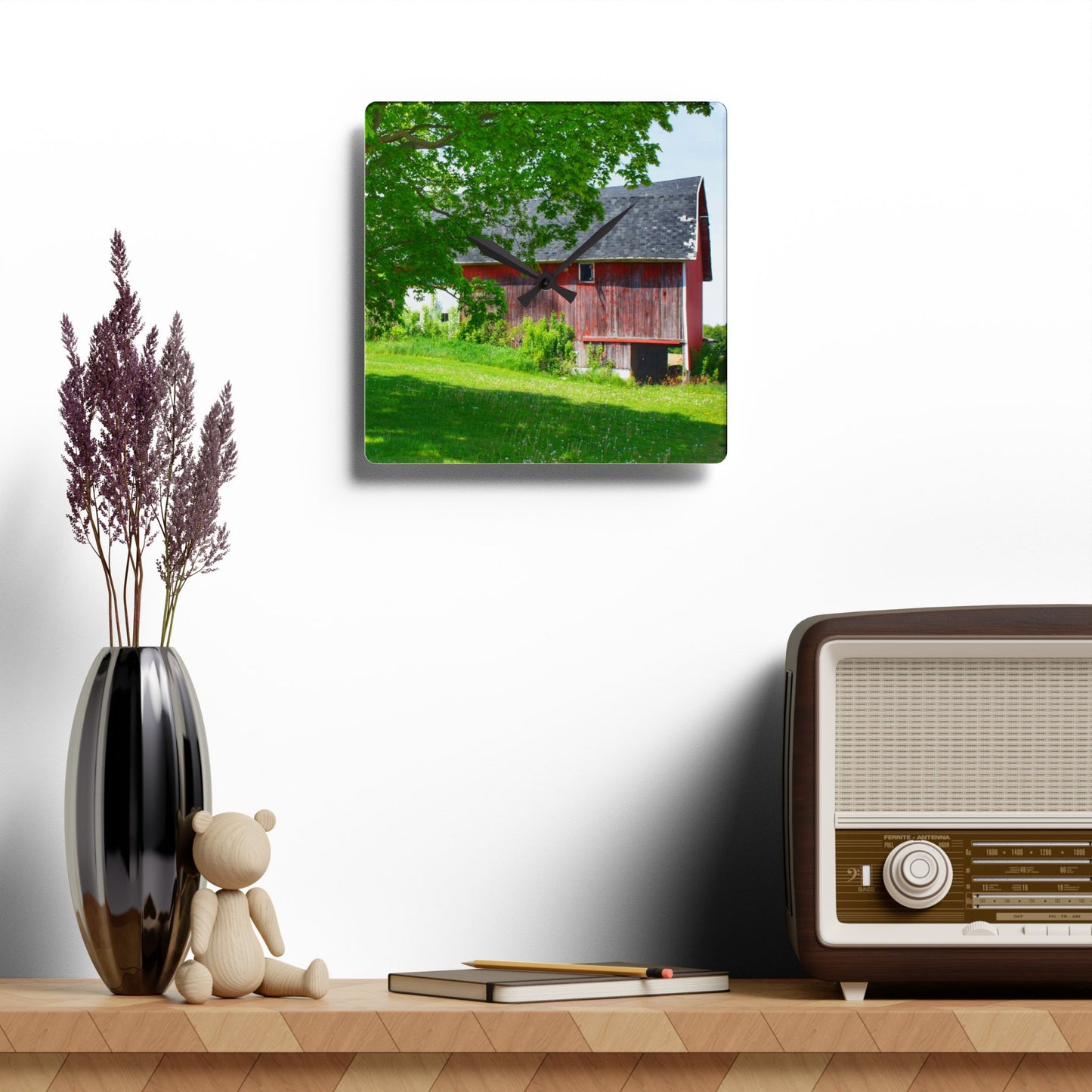 U R There Photography Colwood Road Red Rustic Farmhouse Acrylic Analog Wall Clock