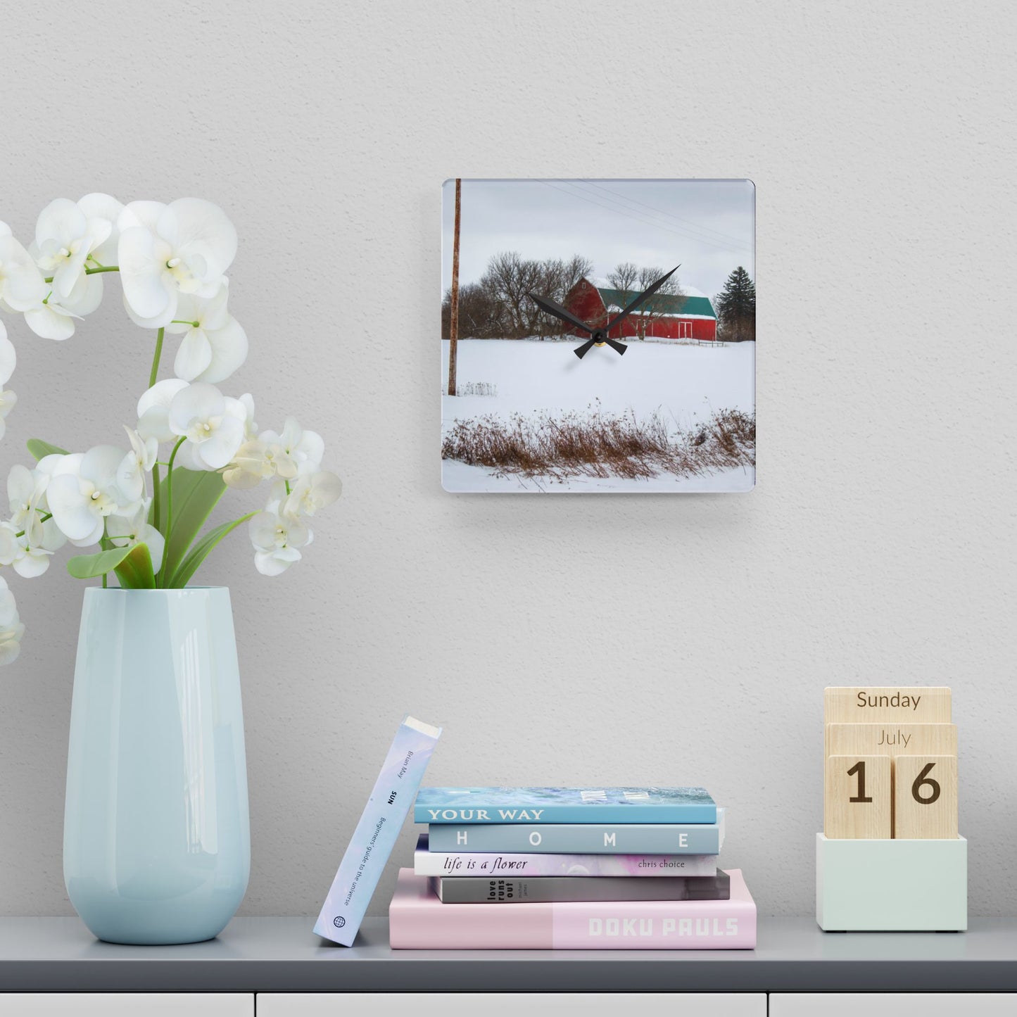 U R There Photography Five Lakes Hidden Red Rustic Farmhouse Acrylic Analog Wall Clock