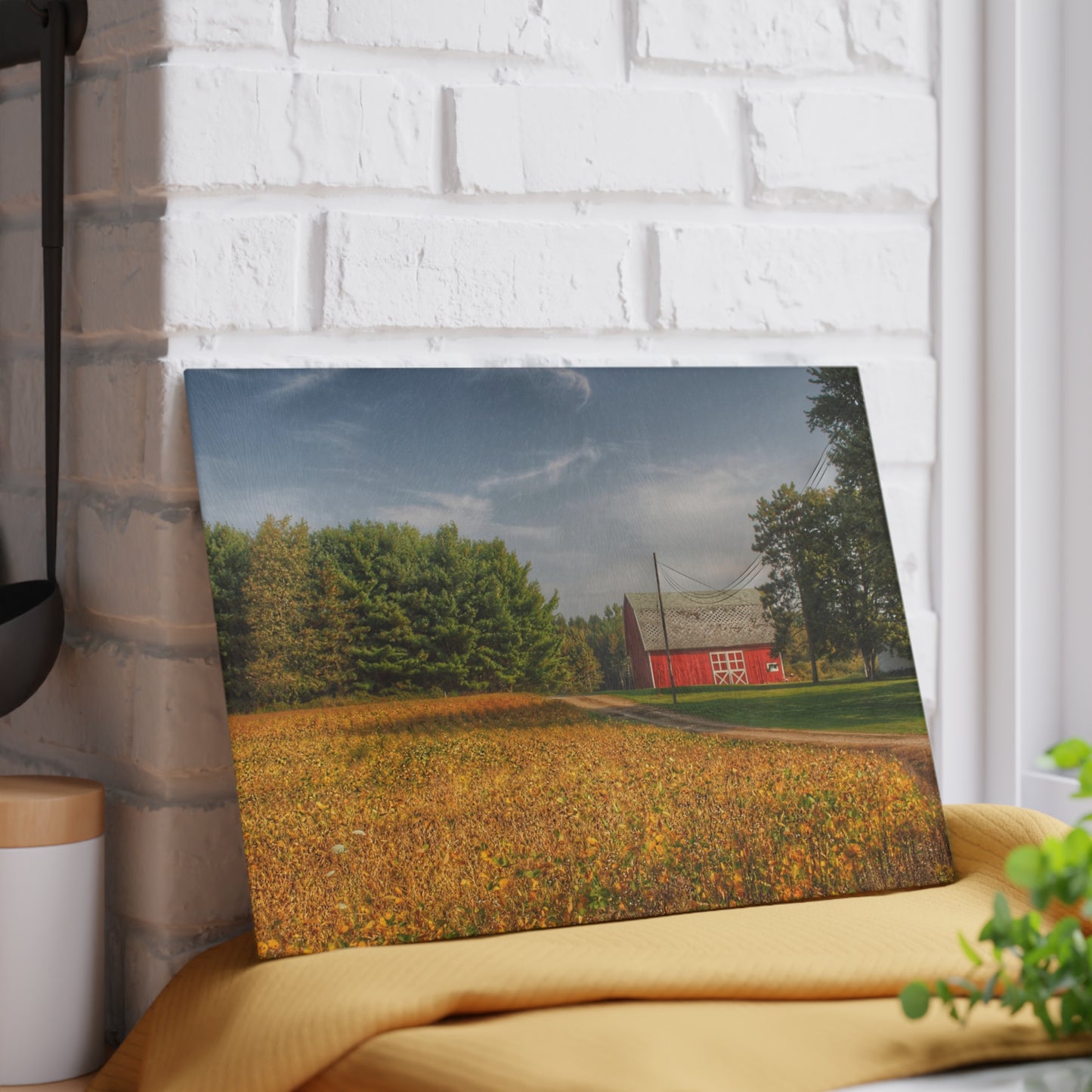 U R There Photography Red Barn on Golden Field Rustic Farmhouse Tempered-Glass Cutting Board