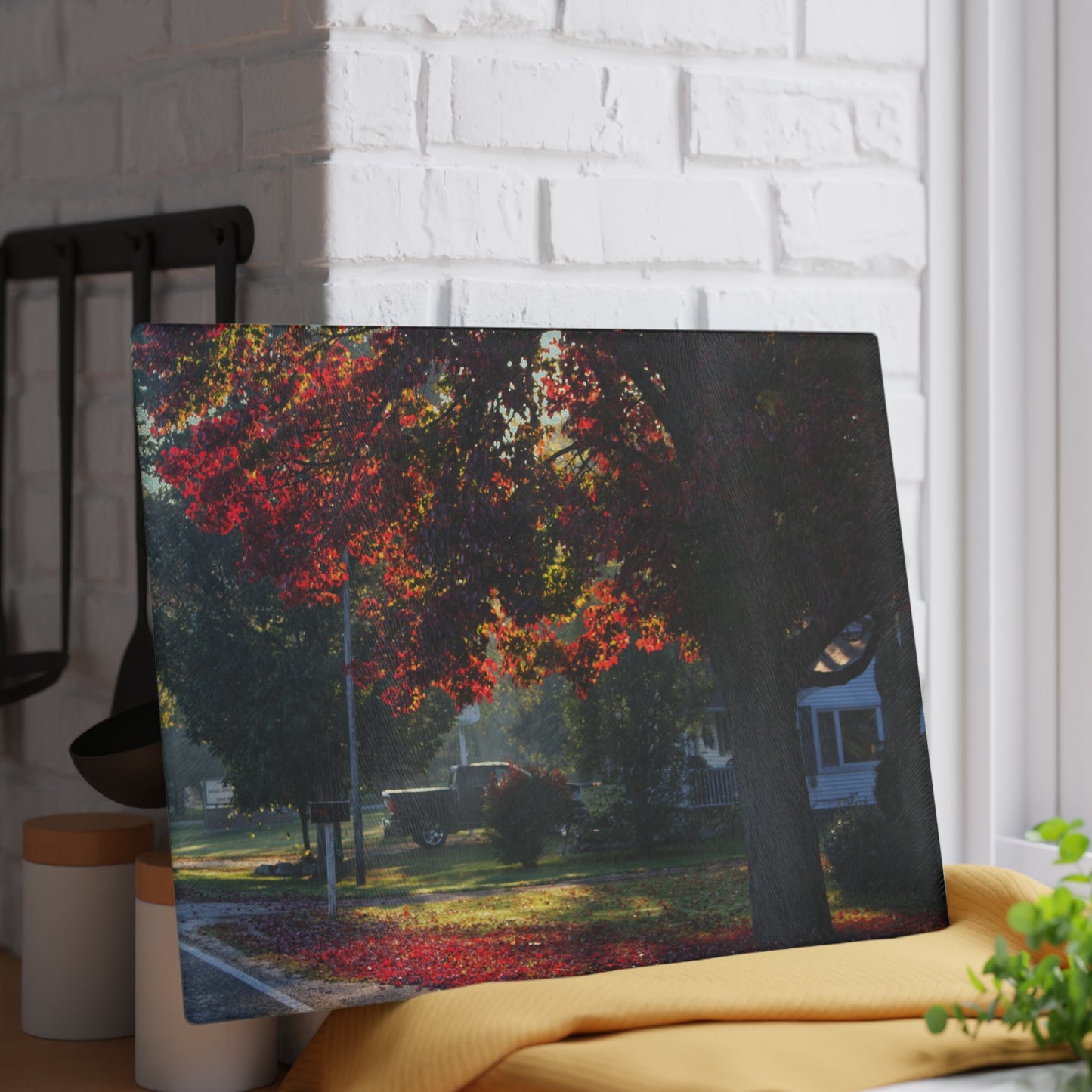 U R There Photography Red Crimson Leaves of Lum Rustic Farmhouse Tempered-Glass Cutting Board