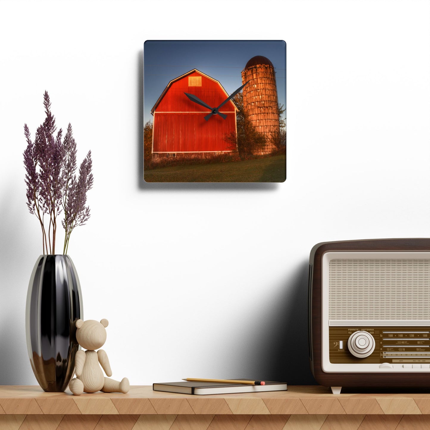 U R There Photography Klam Road Red Meets Foggy Sunrise I Rustic Farmhouse Acrylic Analog Wall Clock