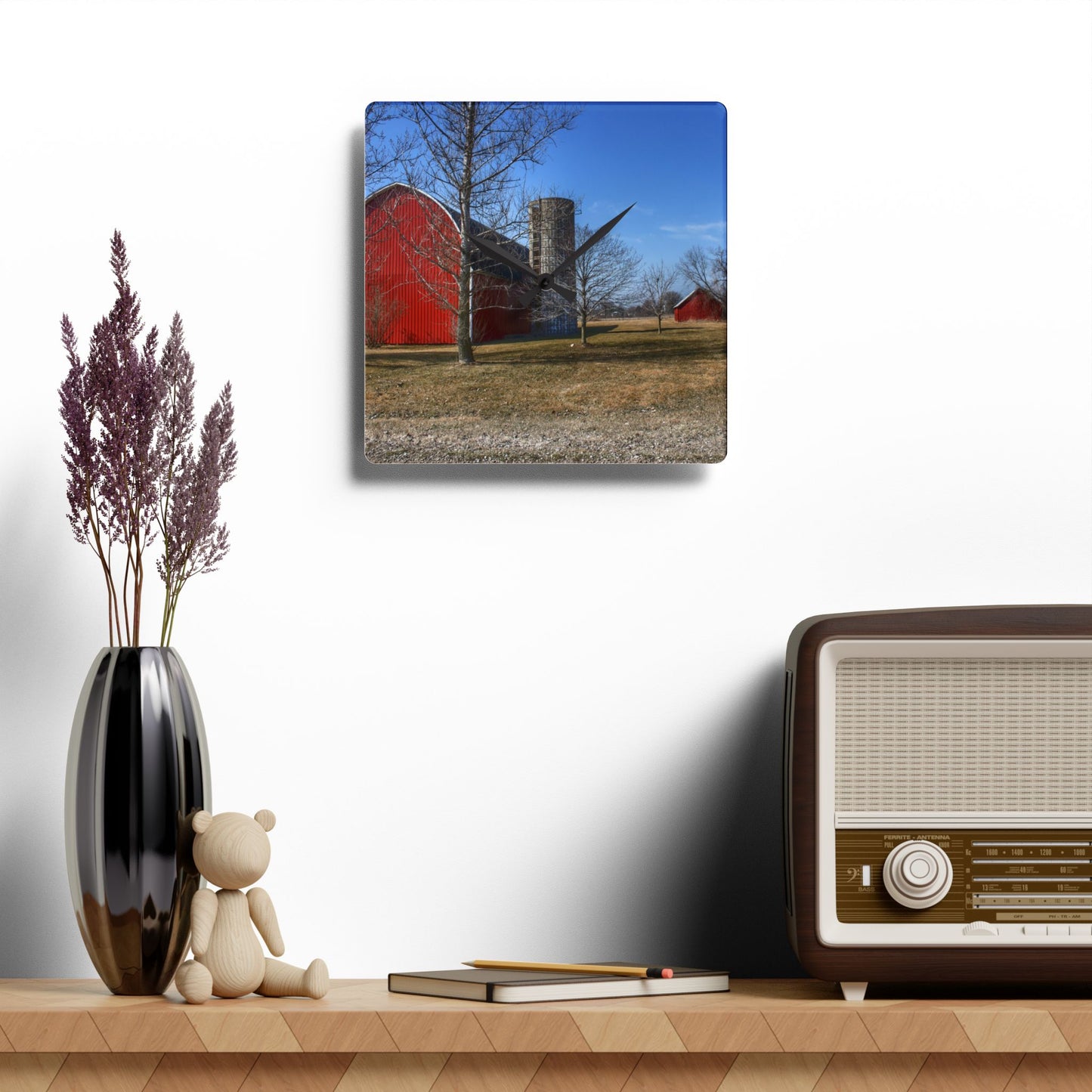 U R There Photography Romeo Plank Road Reds I Rustic Farmhouse Acrylic Analog Wall Clock