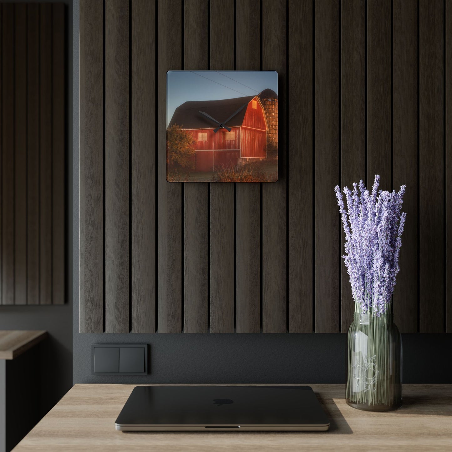 U R There Photography Klam Road Red Meets Foggy Sunrise II Rustic Farmhouse Acrylic Analog Wall Clock