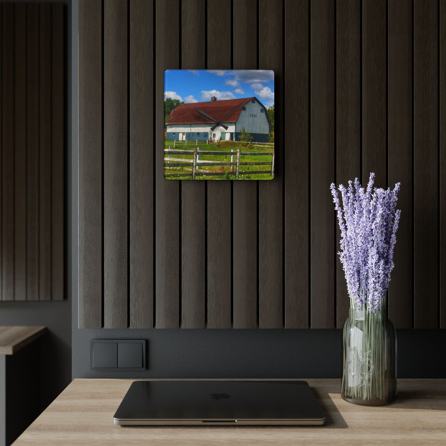 U R There Photography Beyond the Fence on Clark Road Rustic Farmhouse Acrylic Analog Wall Clock